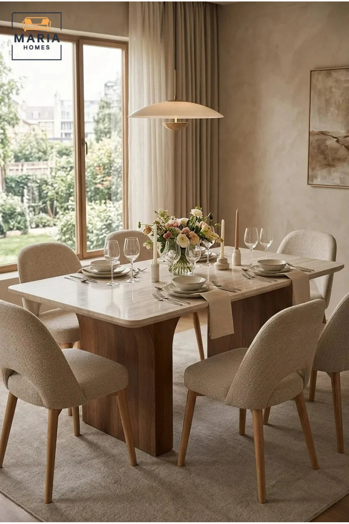 Modern Rectangular Dining Table with Wooden Top and Curved Wooden Pedestal Legs, Contemporary Table