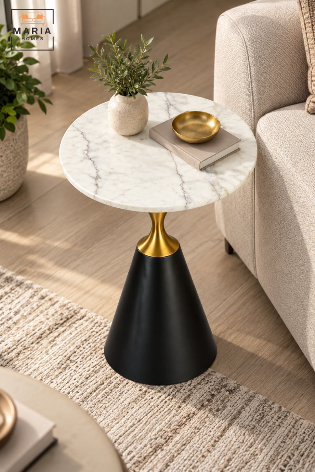 Modern Round Side Table with White Marble-Effect Top, Black Cone Pedestal Base and Gold Accent for Living Room & Bedroom – 60 × 67.5 CM