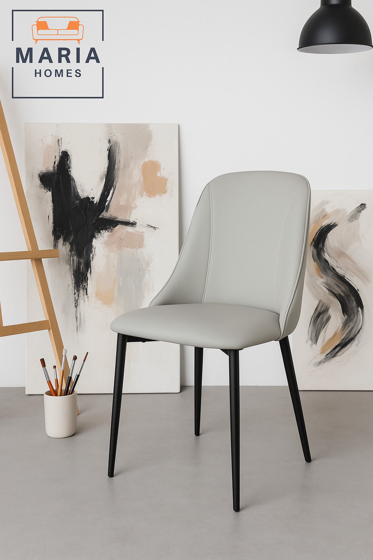 Modern Dining Chair Light Gray Faux Leather with Black Legs