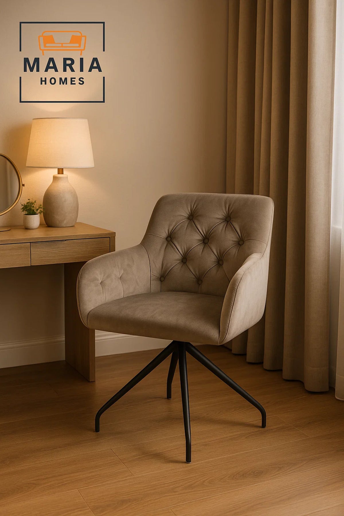 Velvet Upholstered Swivel Accent Chair Ð Beige with Tufted Backrest