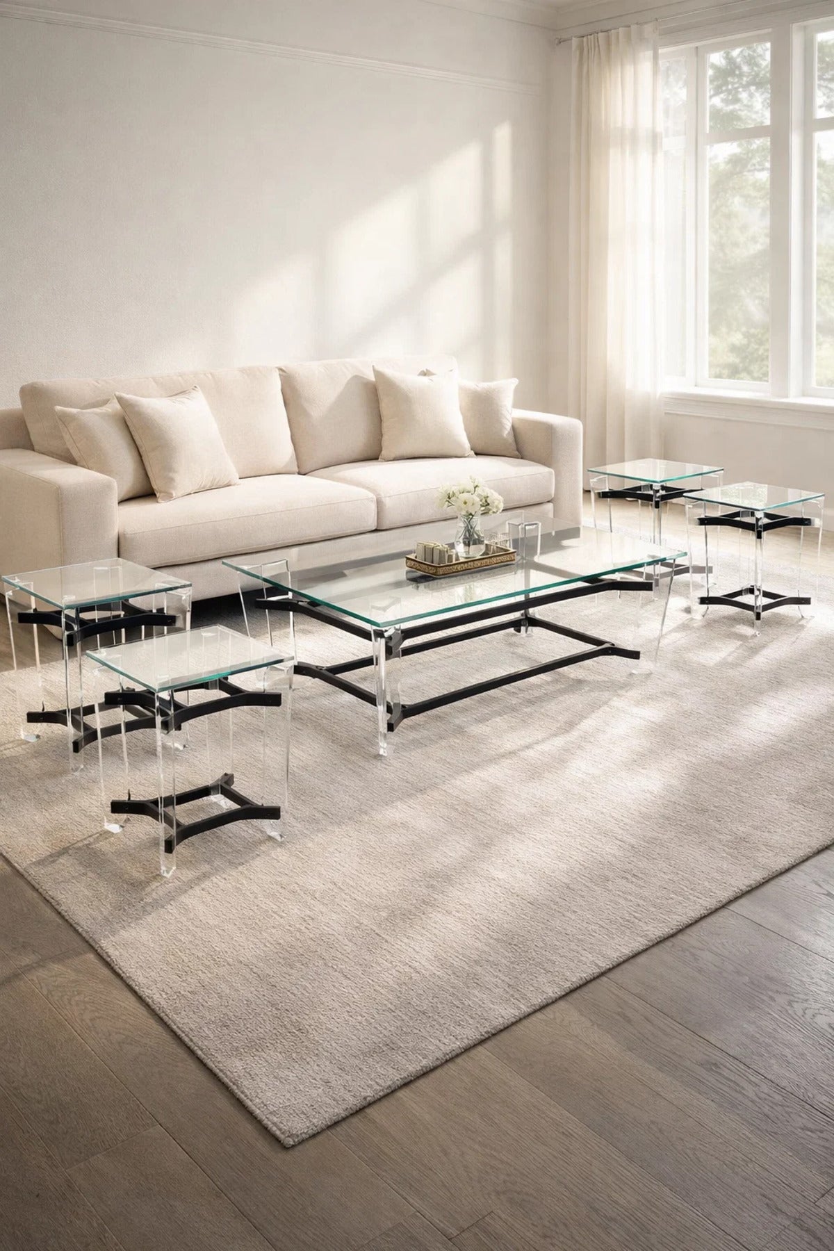 Modern Acrylic Coffee Table Set with Glass Top √ê 1+4 Black Frame Living Room Set