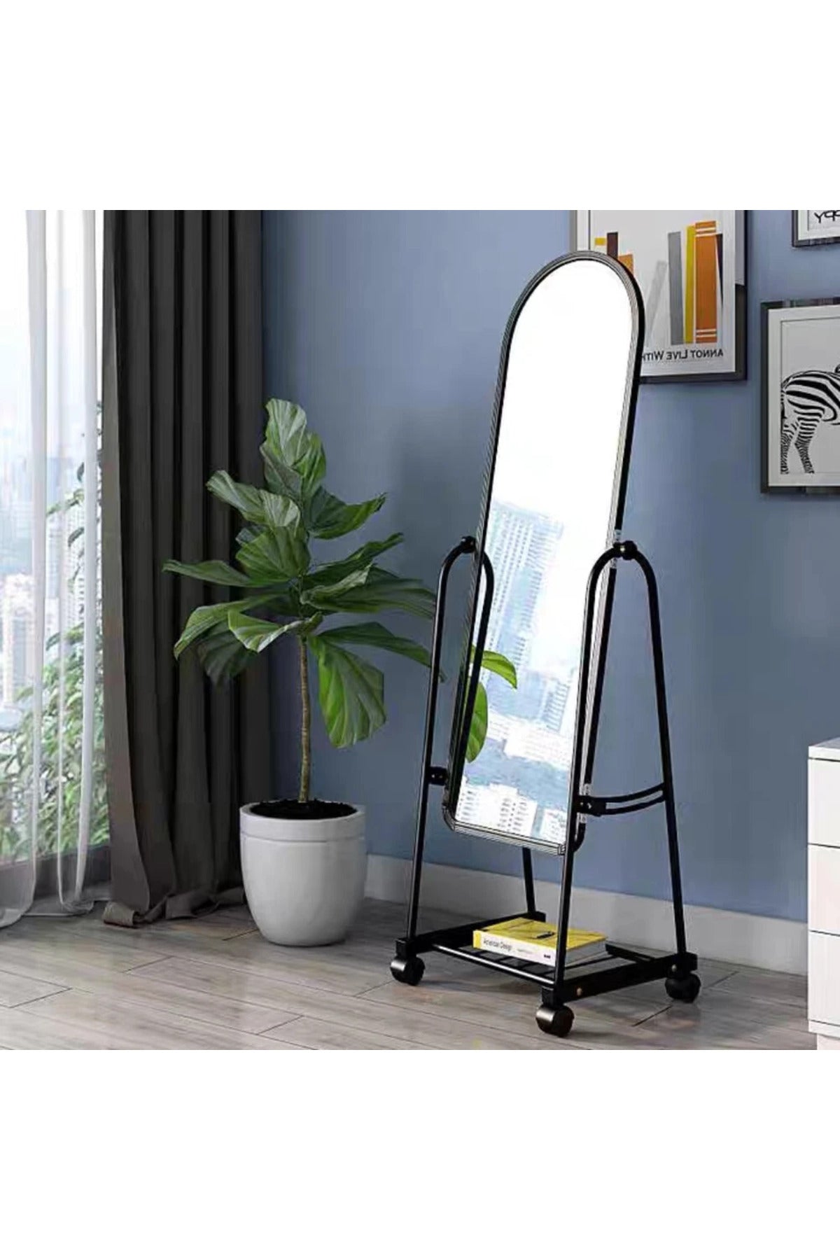 Black Full-Length Mirror with Wheels and Storage Shelf Ð Freestanding Metal Dressing Mirror Stand
