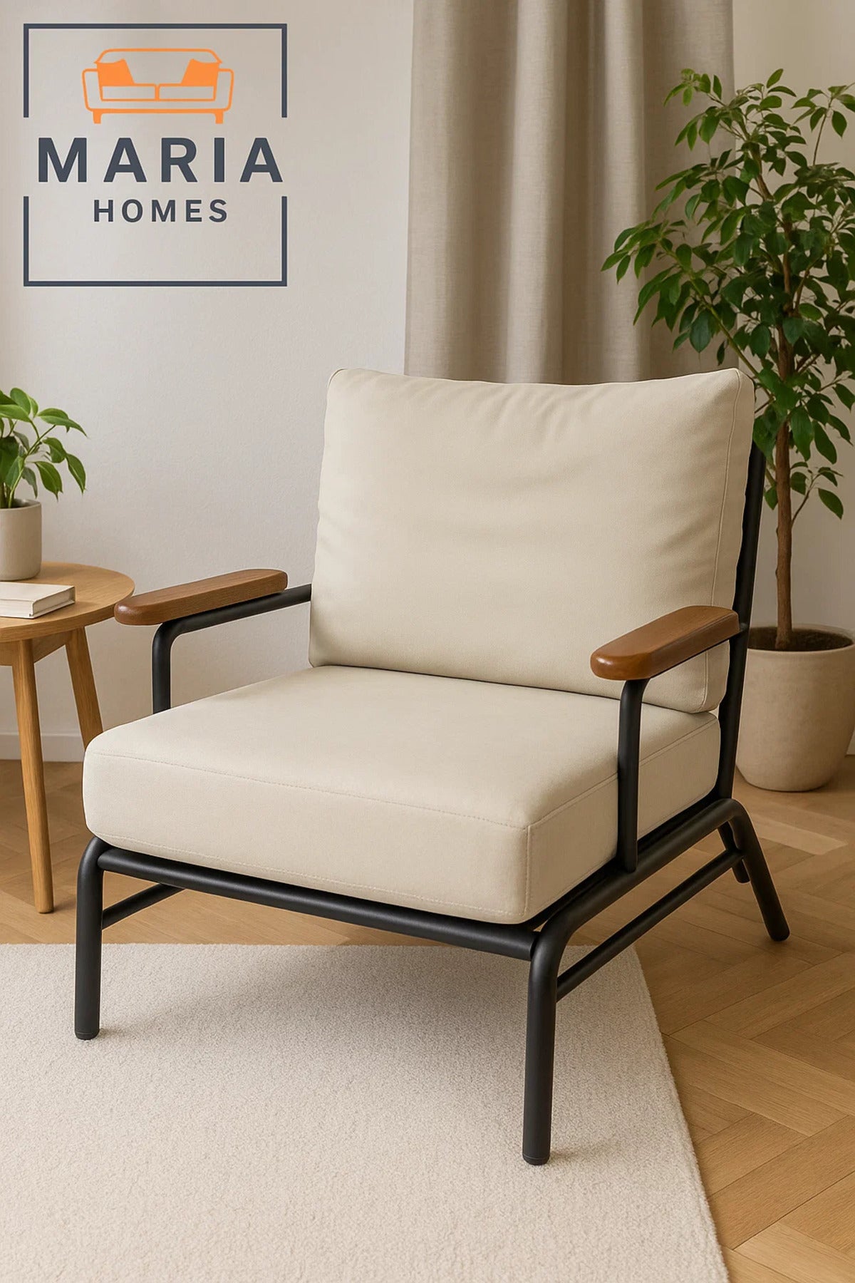 Cream Faux Leather Lounge Chair Ð Wood Armrests & Metal Frame for Living Room, Office or Reception
