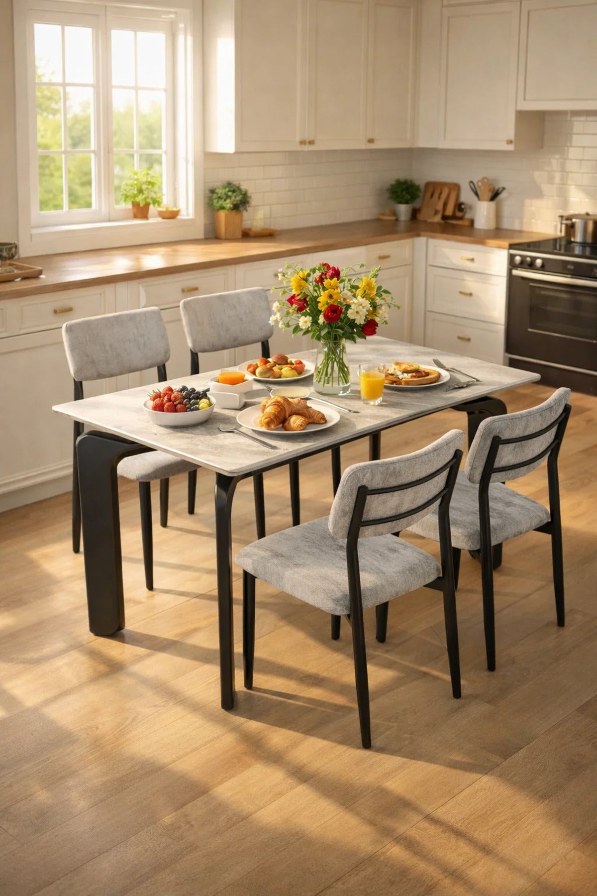 Modern Grey Dining Table Set with 4 Chairs 130 _ 80 _ 75 cm