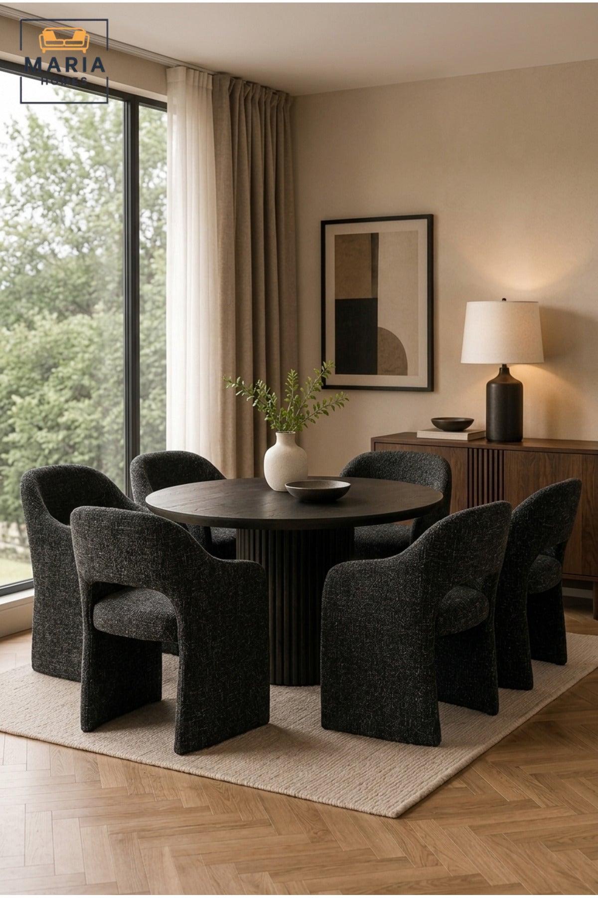 Modern Dark Grey Fabric Accent Chair with Curved Backrest, Integrated Armrests & Padded Seat, Contemporary Dining Lounge Chair for Living Room Office