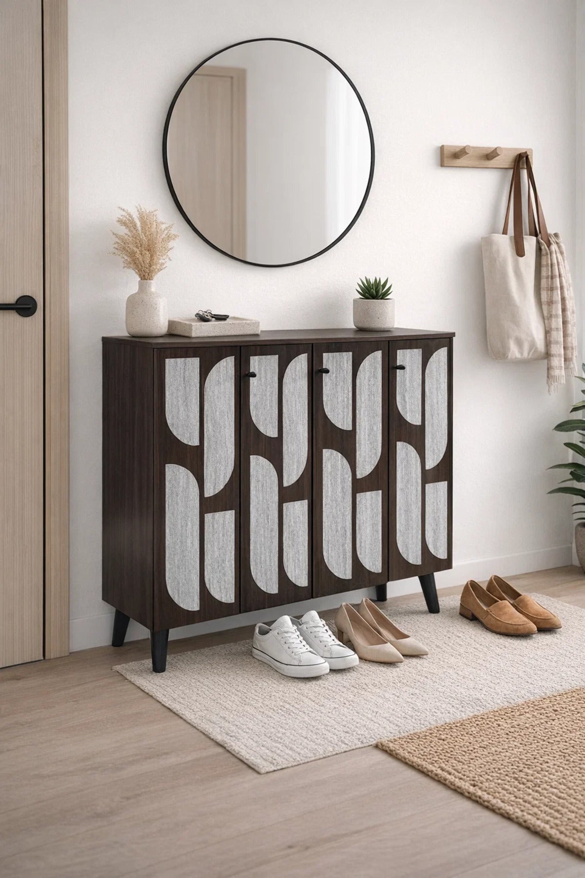 Brown & Grey Shoe Cabinet 90_34_91 cm √ê Modern Shoe Organizer with Decorative Doors