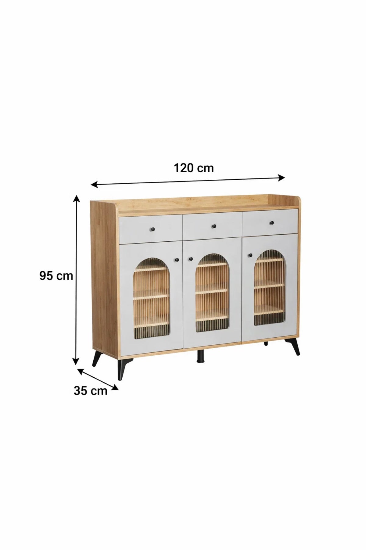 Elegant Wooden Shoe Cabinet Sideboard with Arched Glass Doors and Drawers for Hallway Storage