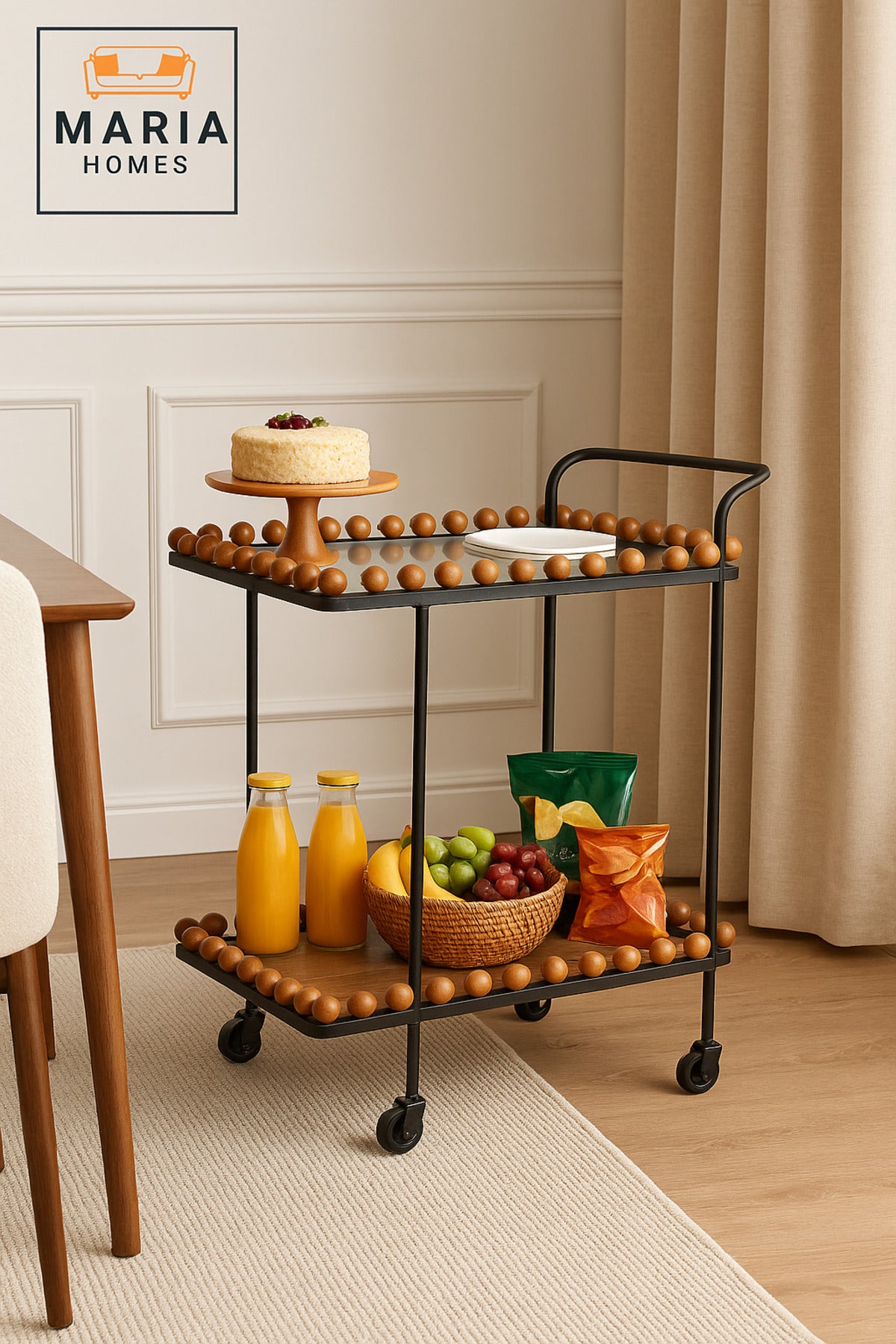Serving Trolley with Wheels Ð Tea & Coffee Cart with Wooden Ball Edges (70_40_84 cm)