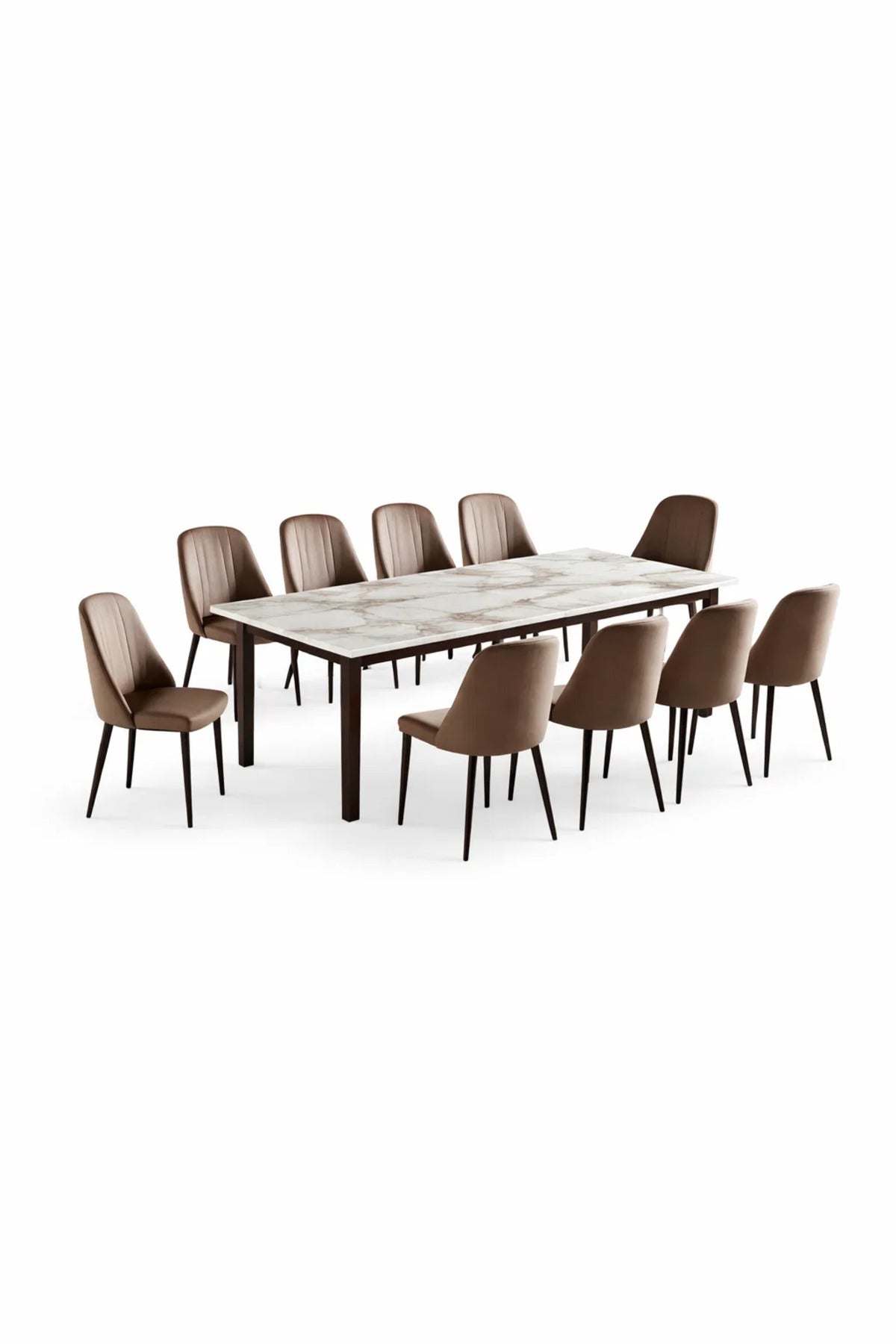 Modern 11-Piece Dining Room Set Marble Pattern Table 225cm with 10 Upholstered Chairs Brown
