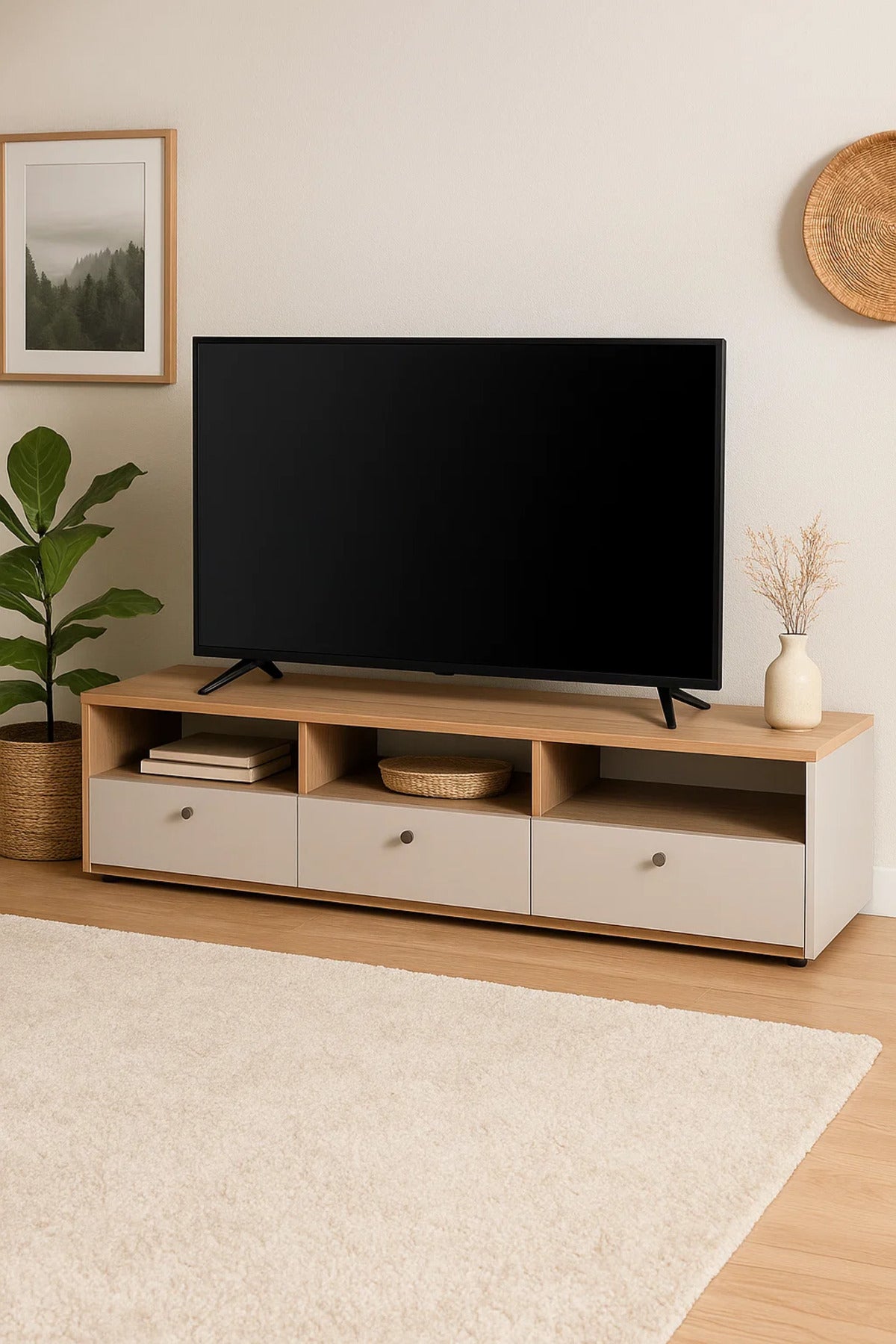 Modern Low-Profile TV Stand in Wood & White Finish Ð 160x40x40 cm Storage Console