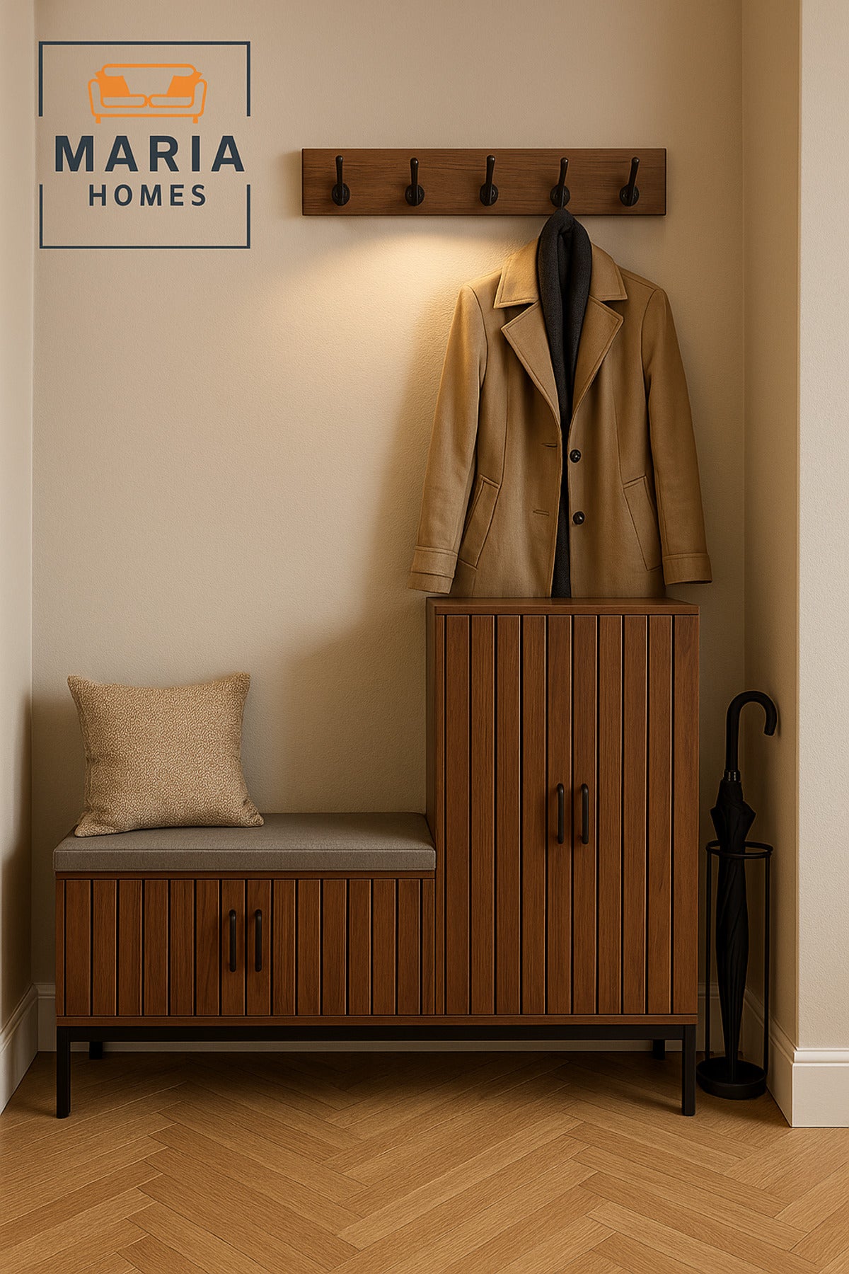 Modern Brown Wooden Storage Cabinet with Bench Ð 140_35_100 cm