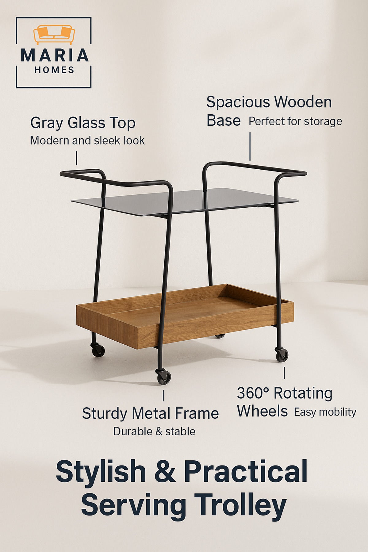 Bar Trolley with Brown Wooden Tray & Gray Glass Top Ð Modern Serving Cart with Wheels 70_45_85 cm