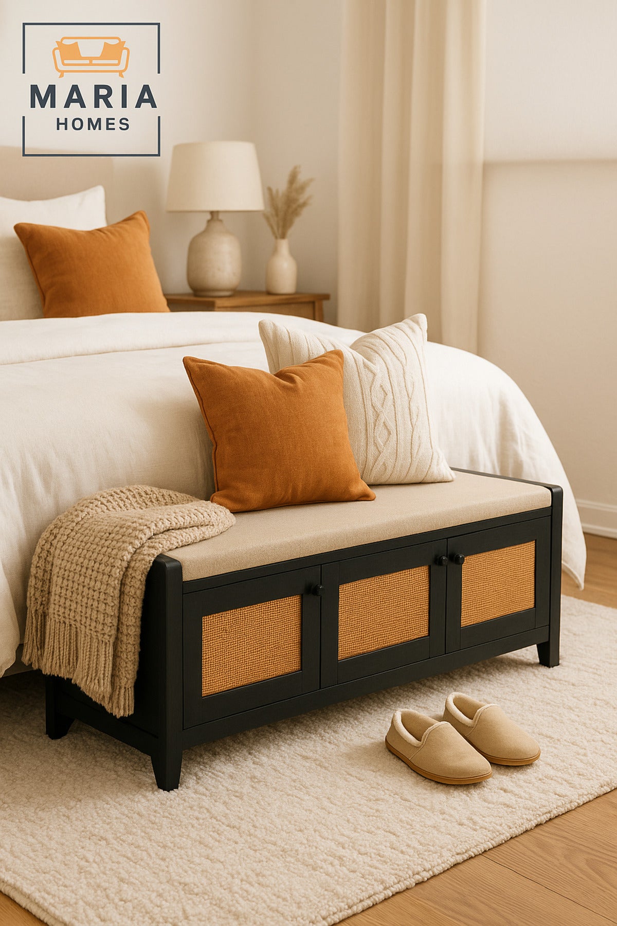 Black Wooden Storage Bench with Rattan Doors & Cushion Seat Ð Shoe Cabinet (120_40_52 cm)