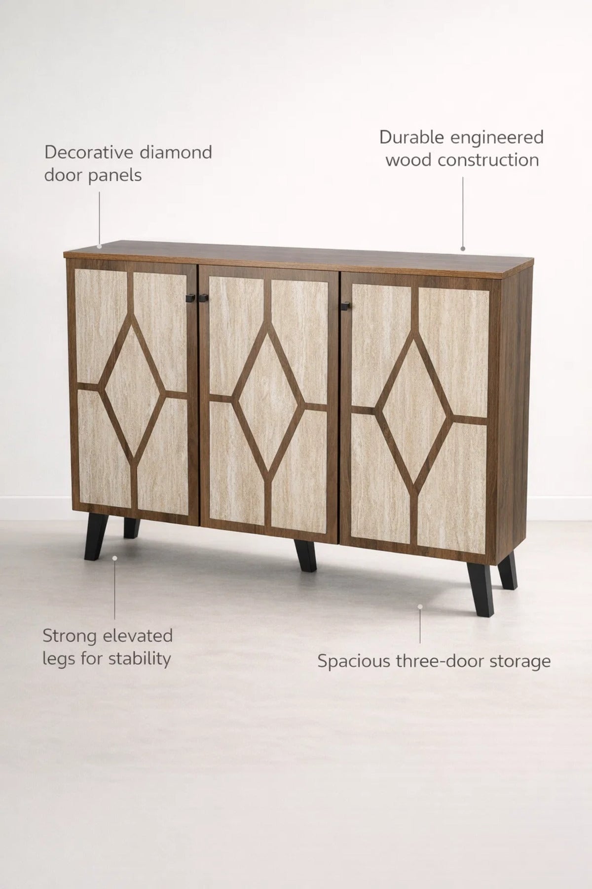 Brown and Beige Shoe Cabinet with Geometric Door Design 120 x 32 x 93 cm