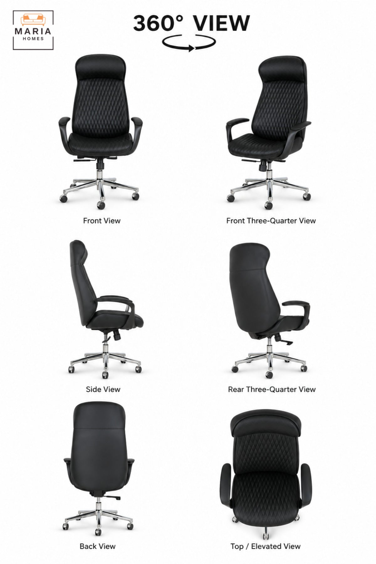 Modern Black Executive Office Chair with Quilted High Back, Padded Headrest, Armrests, Adjustable Height & Rolling Wheels for Home Office Workspace