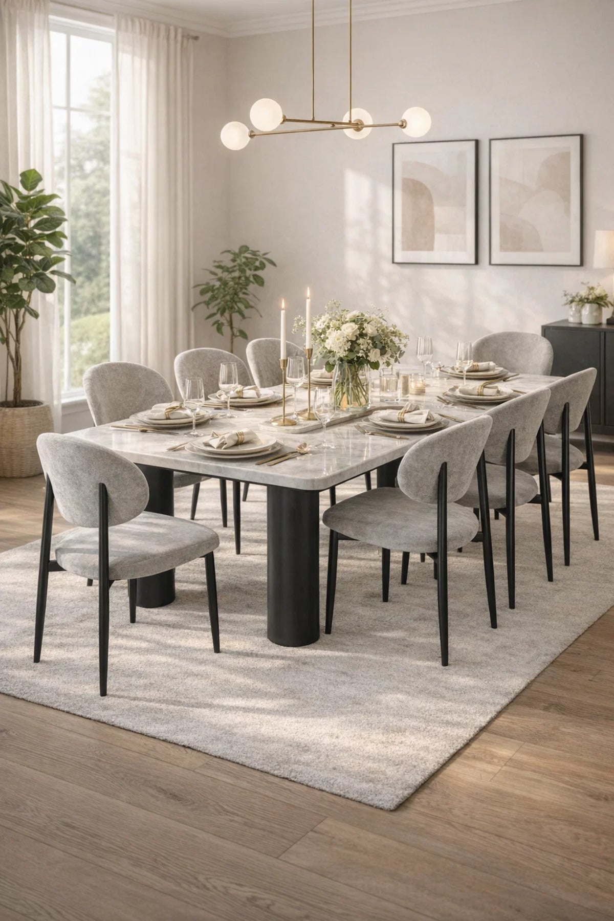 Modern Marble Top Dining Table Set with 8 Upholstered Chairs 220x100x75cm modern marble