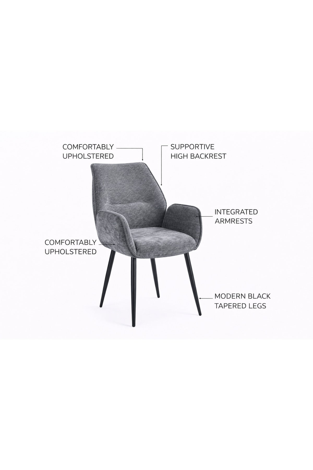 Dark Grey Armchair with Black Metal Legs, 91x47x49 CM dark grey armchair Dining Room