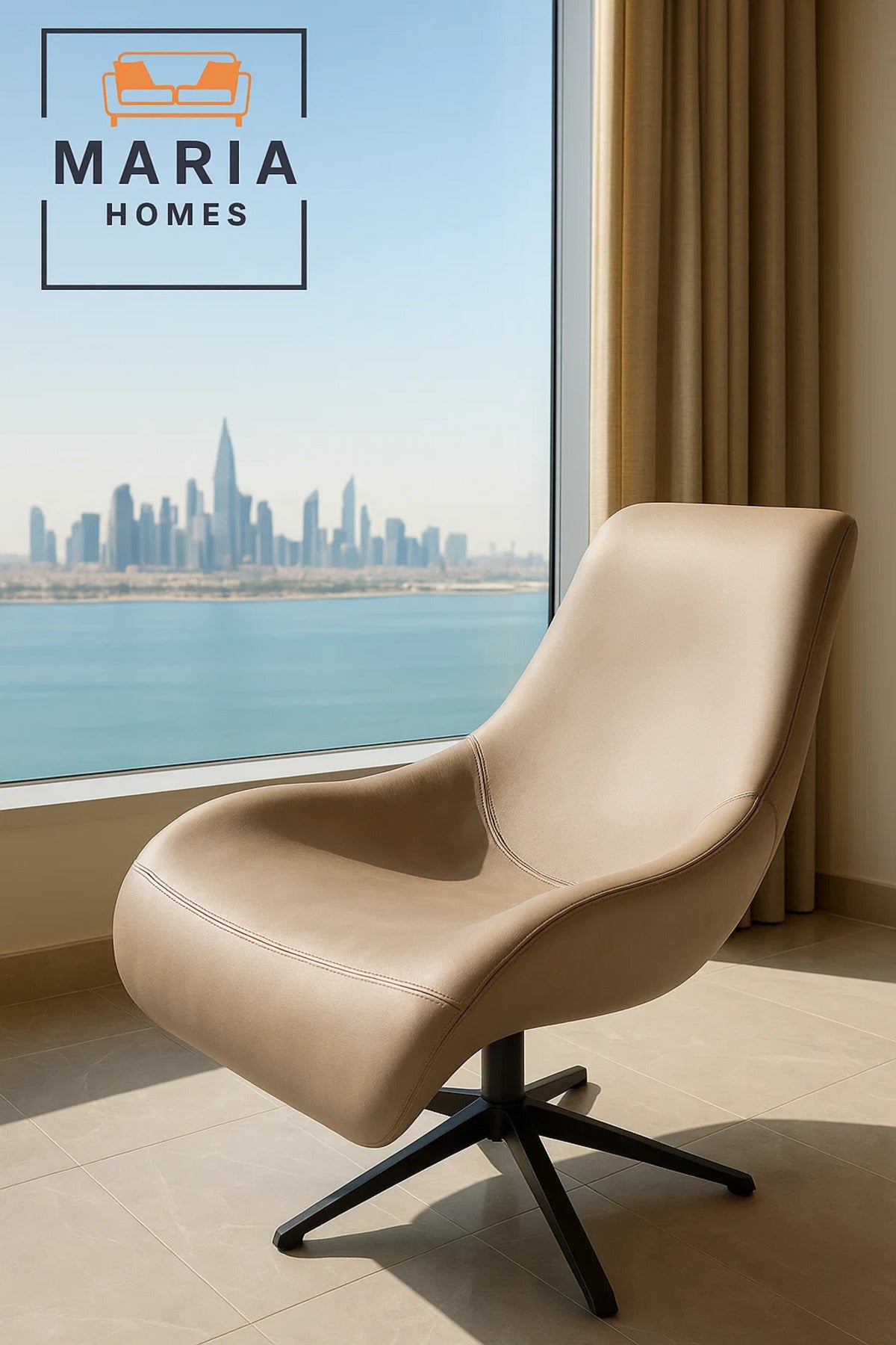 Modern Beige Curved Lounge Chair with Faux Leather Ð Stylish Accent Chair for Living Room or Office