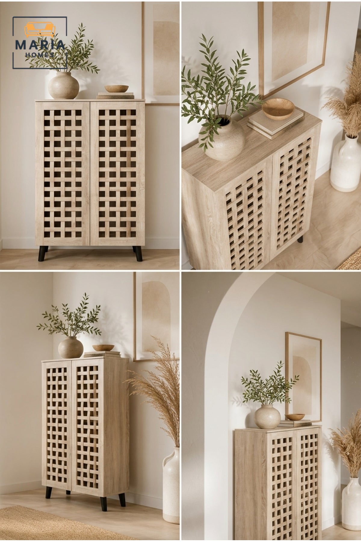 Modern Oak Storage Cabinet with Geometric Lattice Doors and Scandinavian Style