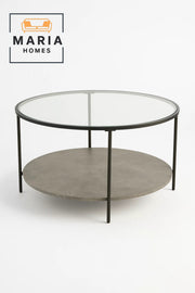 Round Glass Coffee Table with Gray Stone Shelf-size 80*46 CM