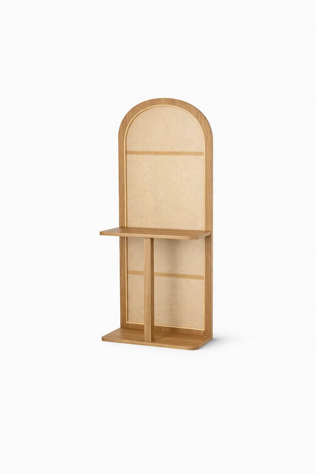 Modern Arched Orginizer Rack with Cane Panel and Brown Wood Frame