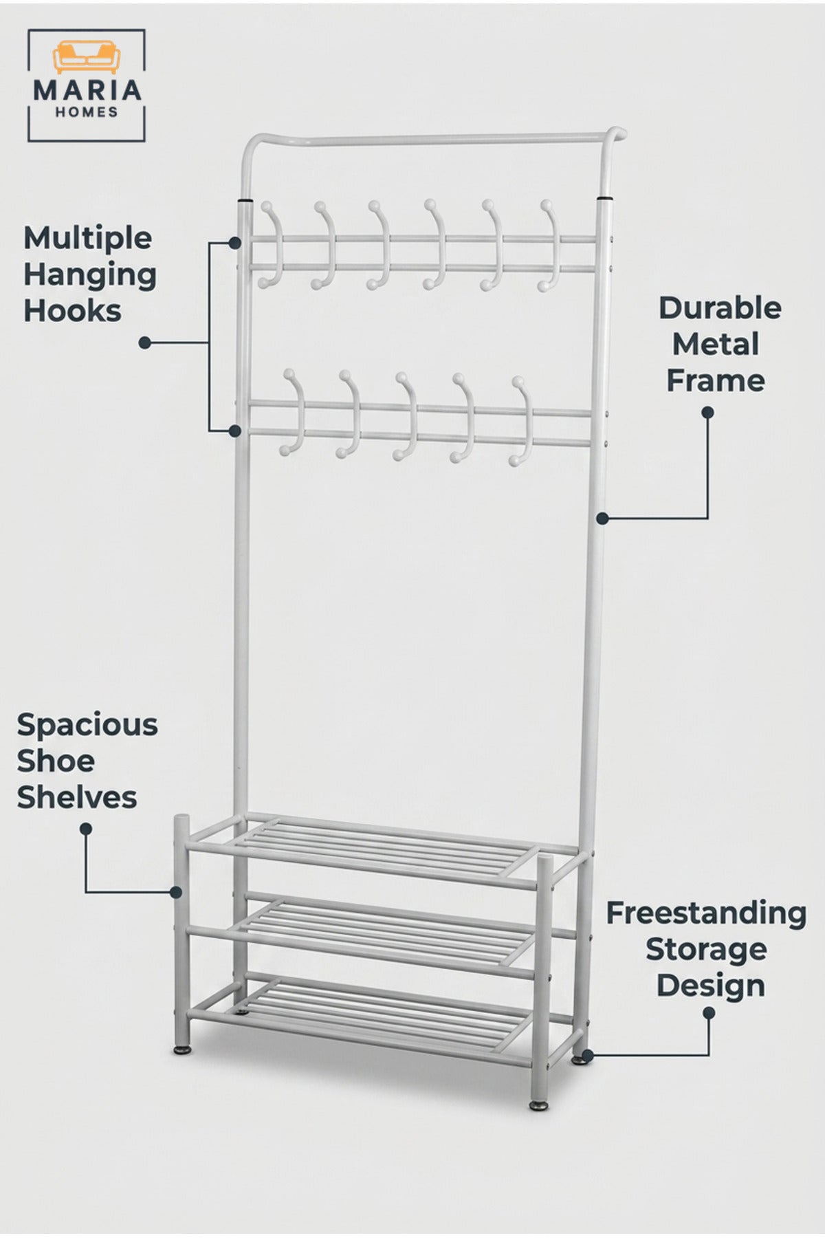 Freestanding Clothes Rack with Multiple Hanging Hooks and Three Storage Shelves, Garment Organiser for Bedroom, Dressing Room, Laundry Room and Boutique