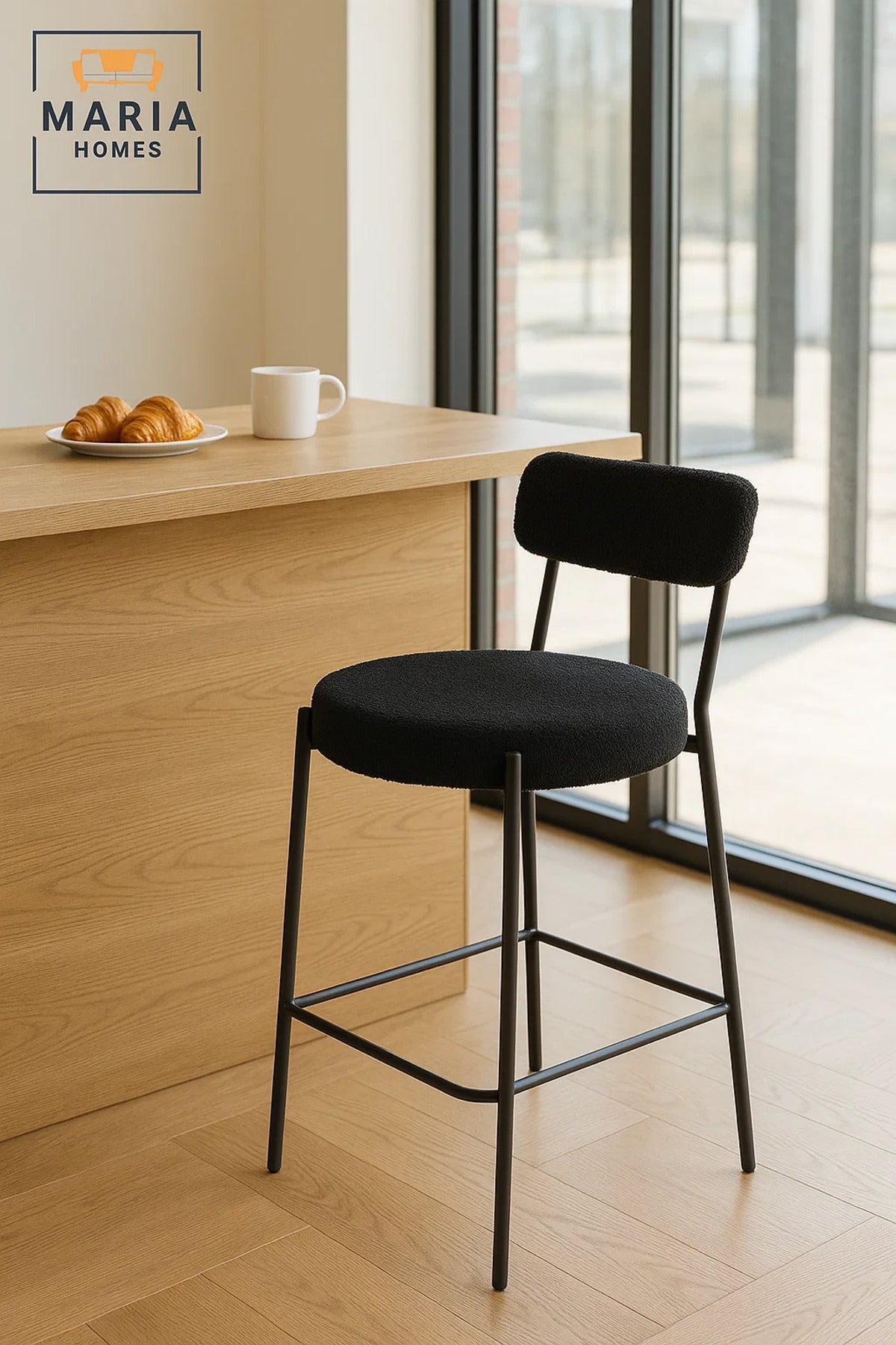 Black Boucle Counter Bar Stool with Metal Frame, Upholstered Round Seat for Kitchen Island