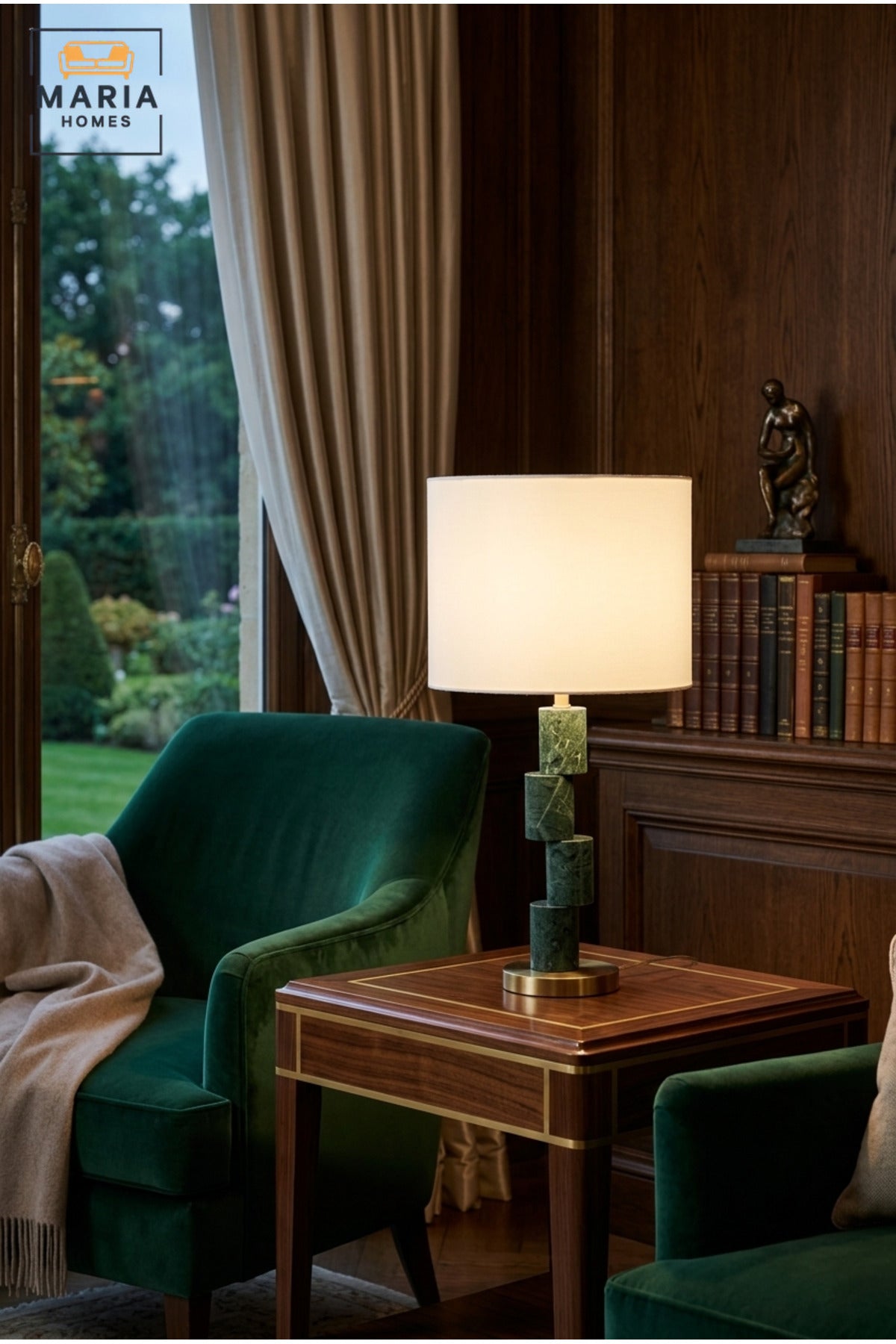 Modern Green Marble Effect Table Lamp with Geometric Column, White Fabric Drum Shade and Gold Base Decorative Bedside Light for Home and Office