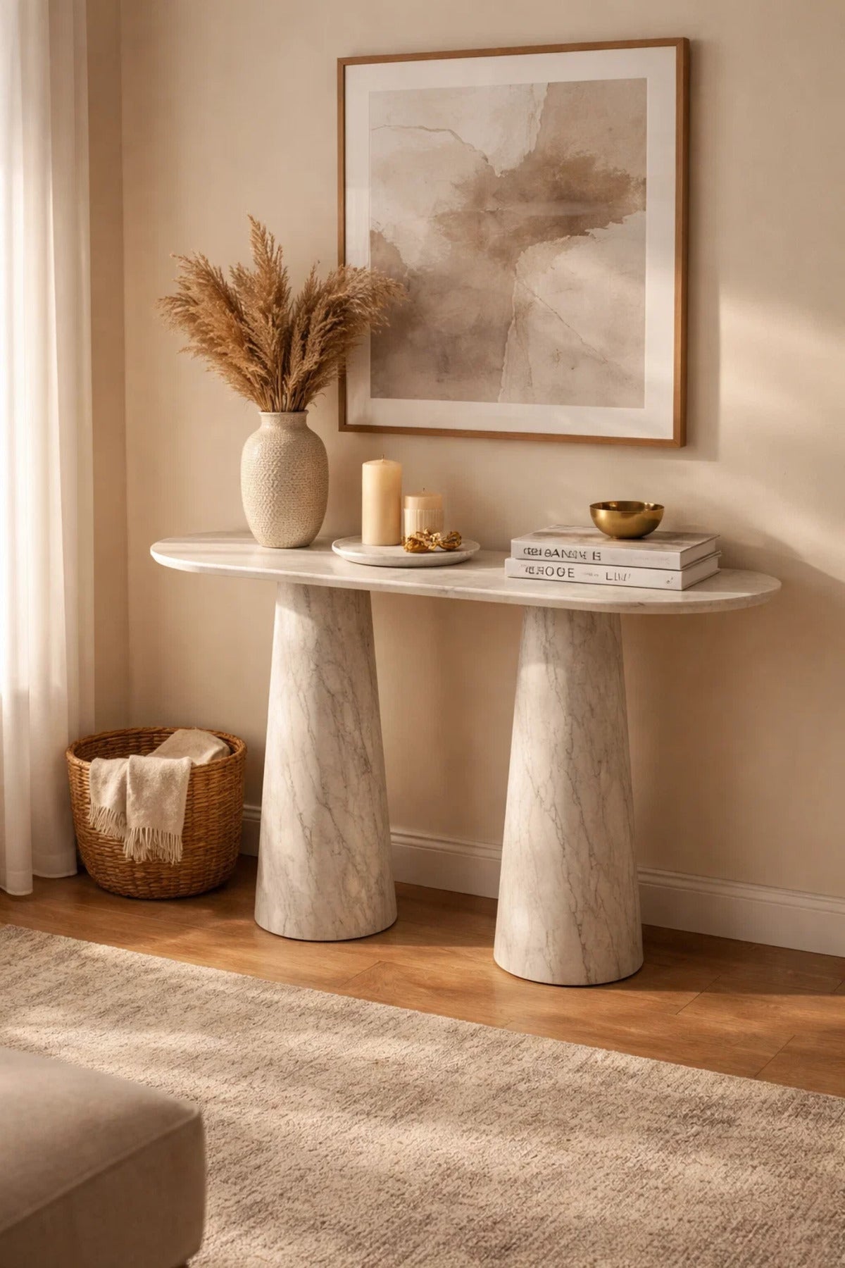 Luxury Marble Pattern Console Table Modern Entryway Stand Beige Stone Finish Living Room 120cm
