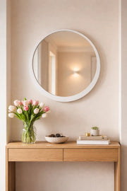 White Round Wooden Wall Mirror 70x70cm Modern Hanging Decor for Bathroom Entryway Bedroom Vanity