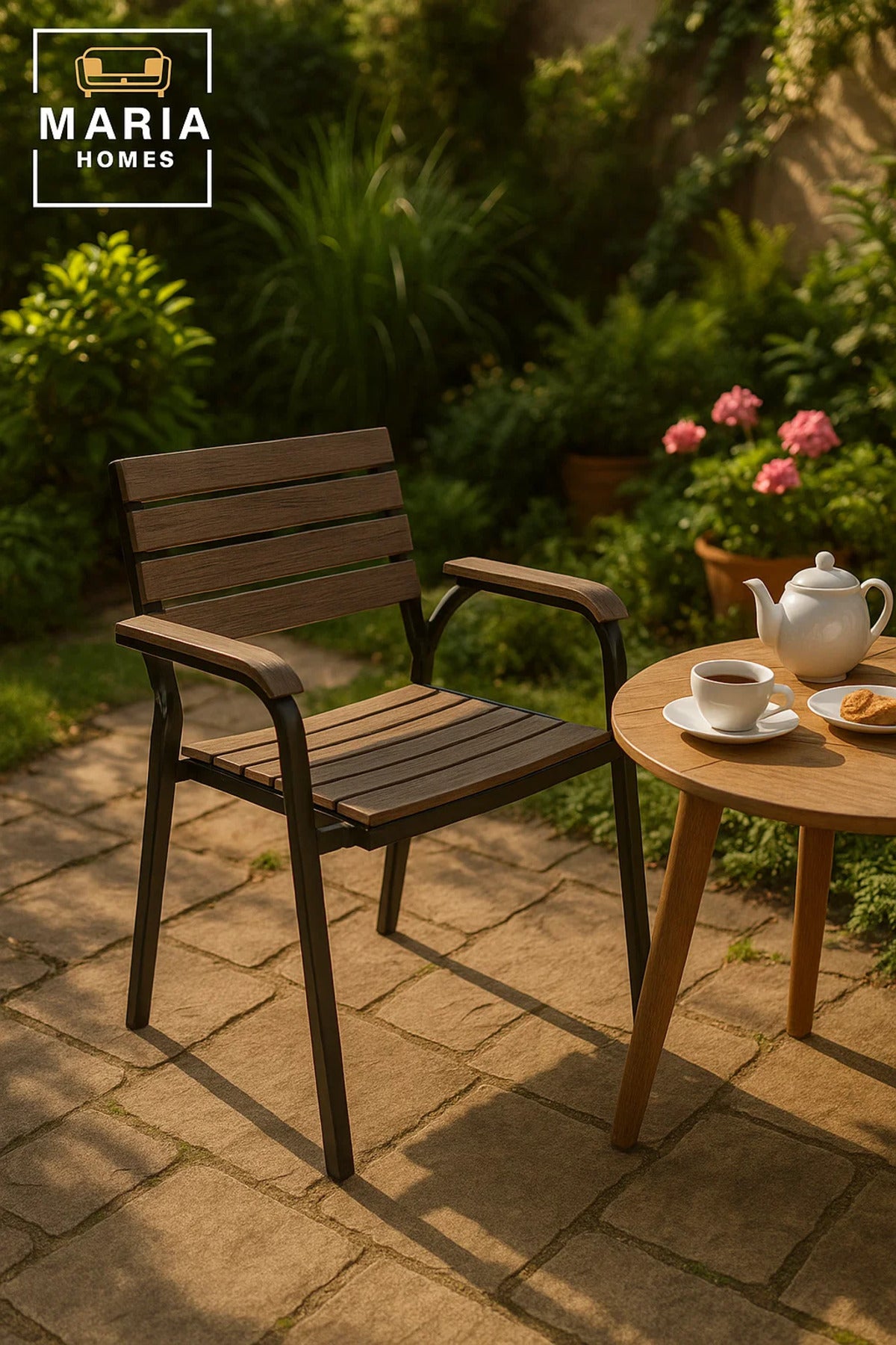 Black Coffee Outdoor Armchair Durable Metal Frame Wooden Look Garden Patio Dining Chair