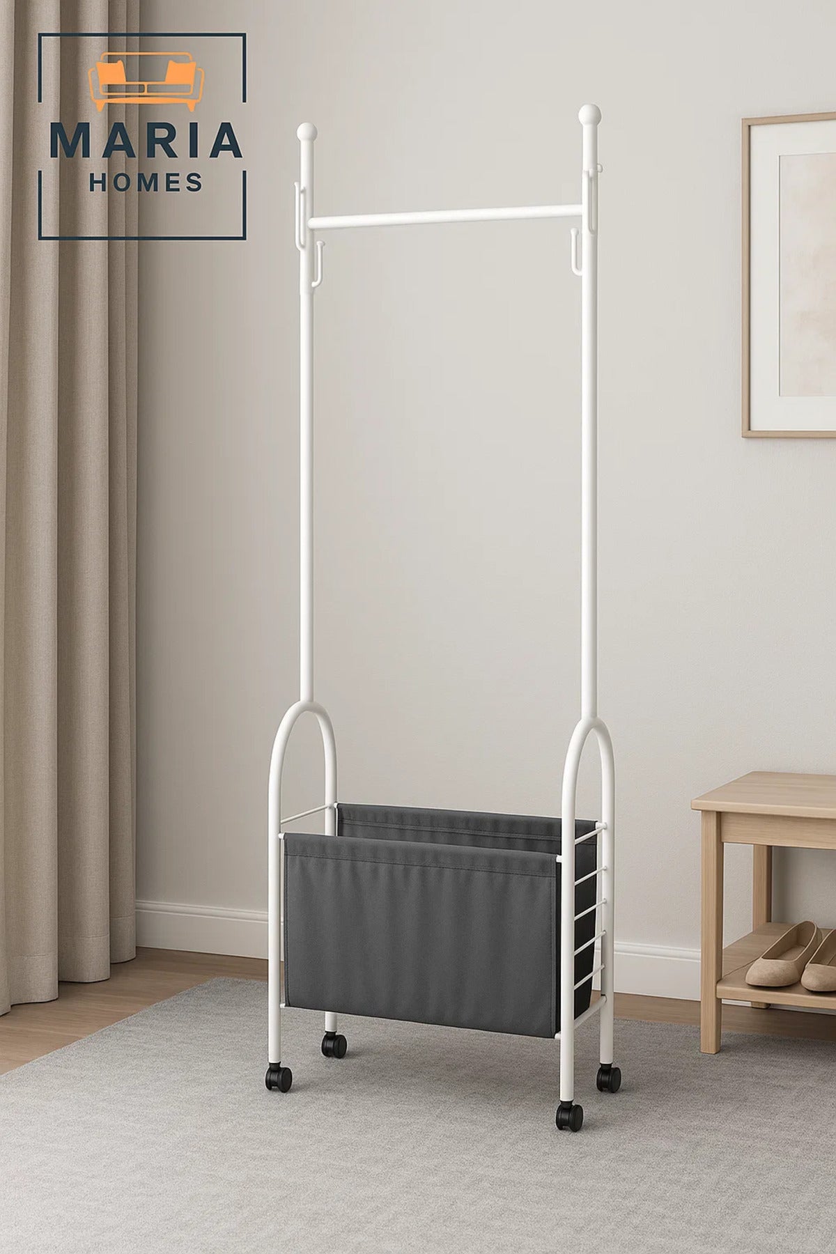 Modern White Metal Garment Rack with Fabric Storage Bin