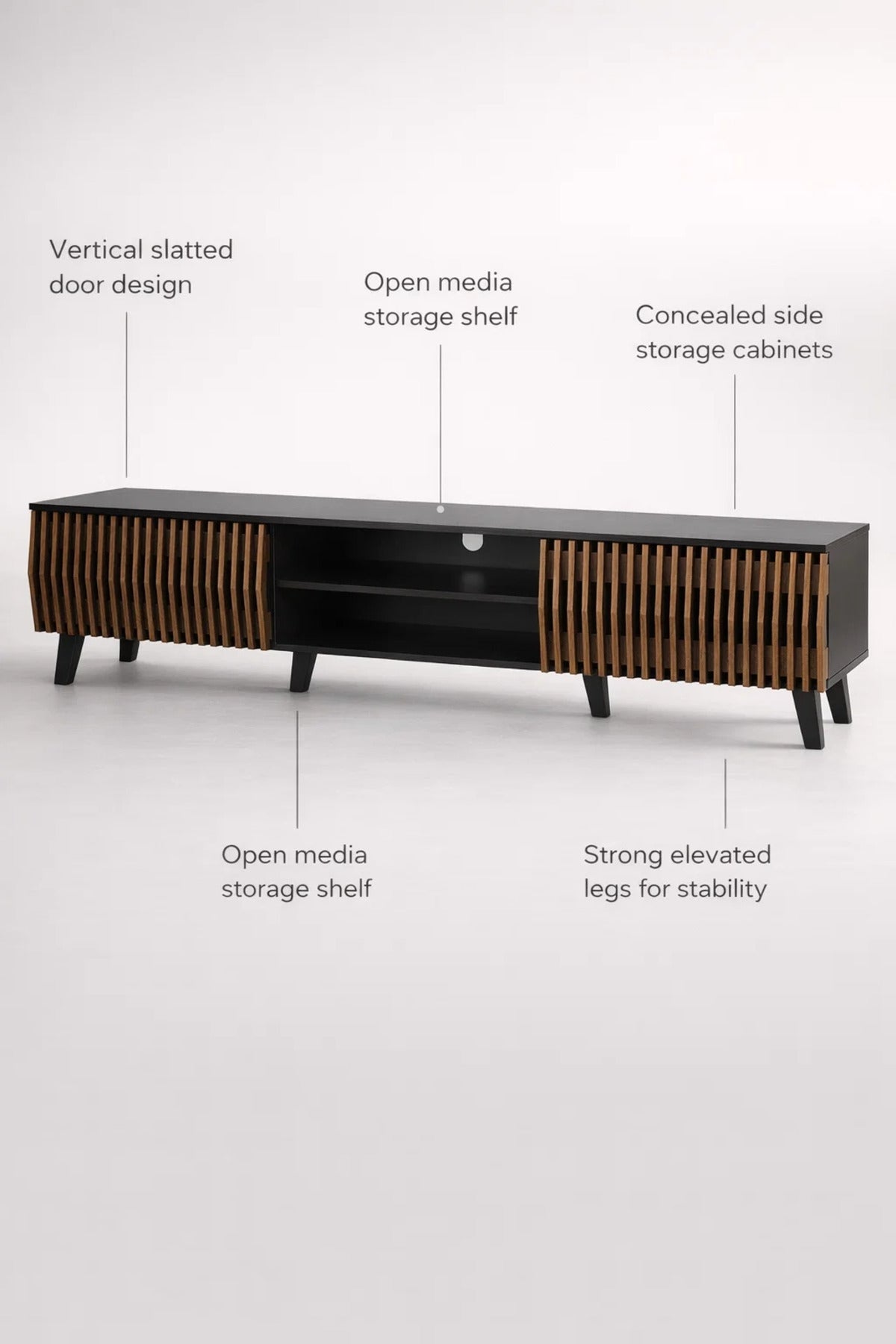 Modern Wooden TV Stand Black and Dark Brown with Slatted Design 180 x 40 x 43 cm
