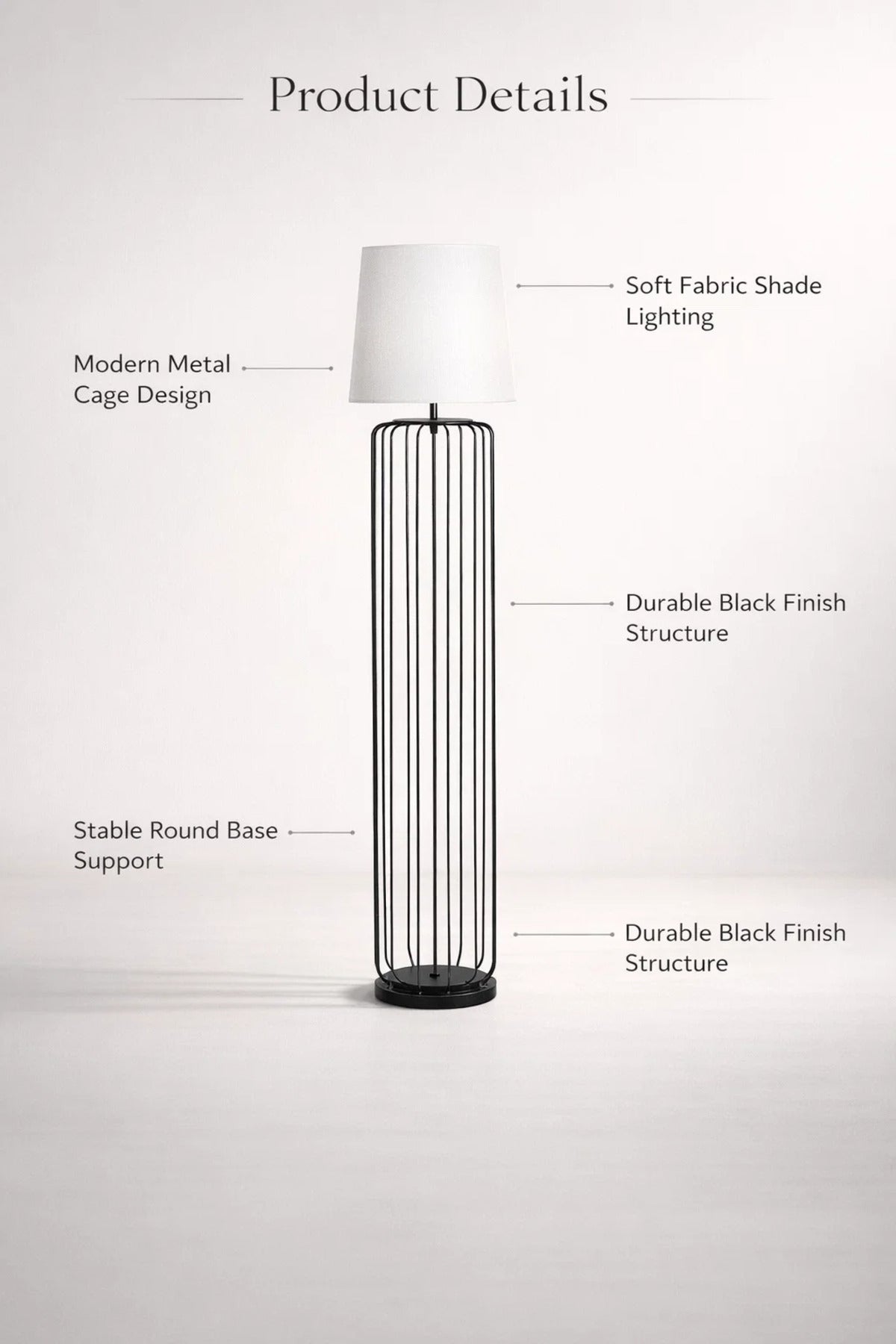 Modern Black Cage Style Floor Lamp with Fabric Shade for Living Room Decor