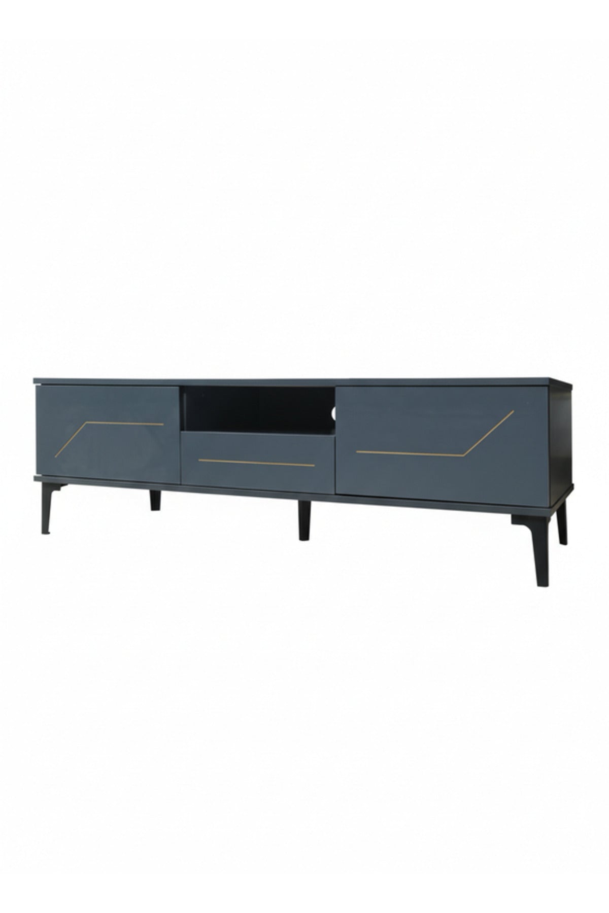 Modern Grey TV table with Gold Accents and Open Storage