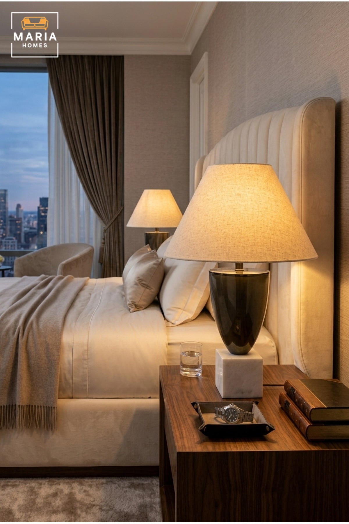 Luxury Dark Grey Table Lamp with Beige Fabric Shade, Sculptural Oval Body and White Marble Cube Base for Bedroom, Living Room, Office and Hotel Décor