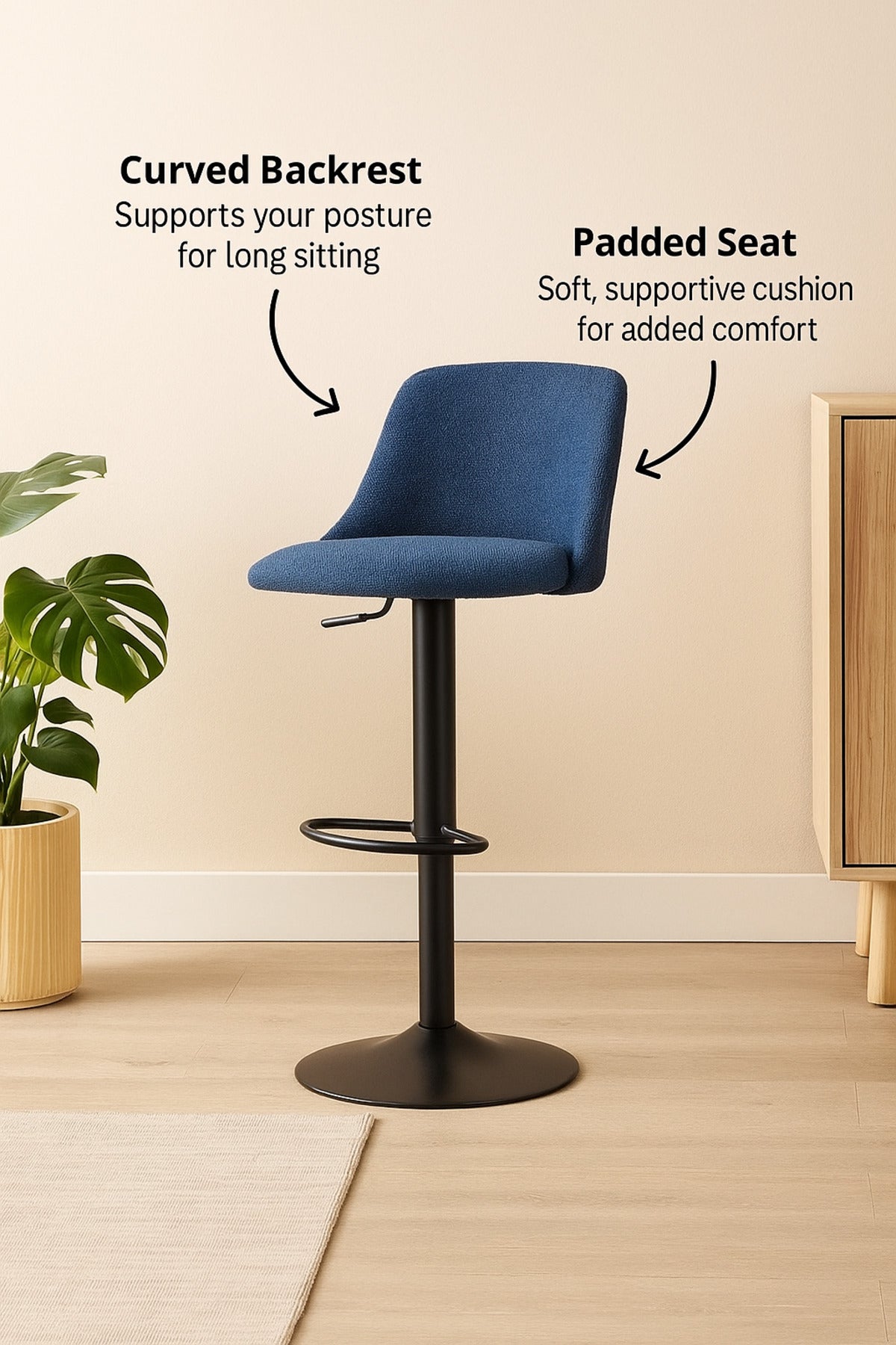 Deep Blue Adjustable Bar Stool with Backrest & Footrest Ð Modern Counter Chair