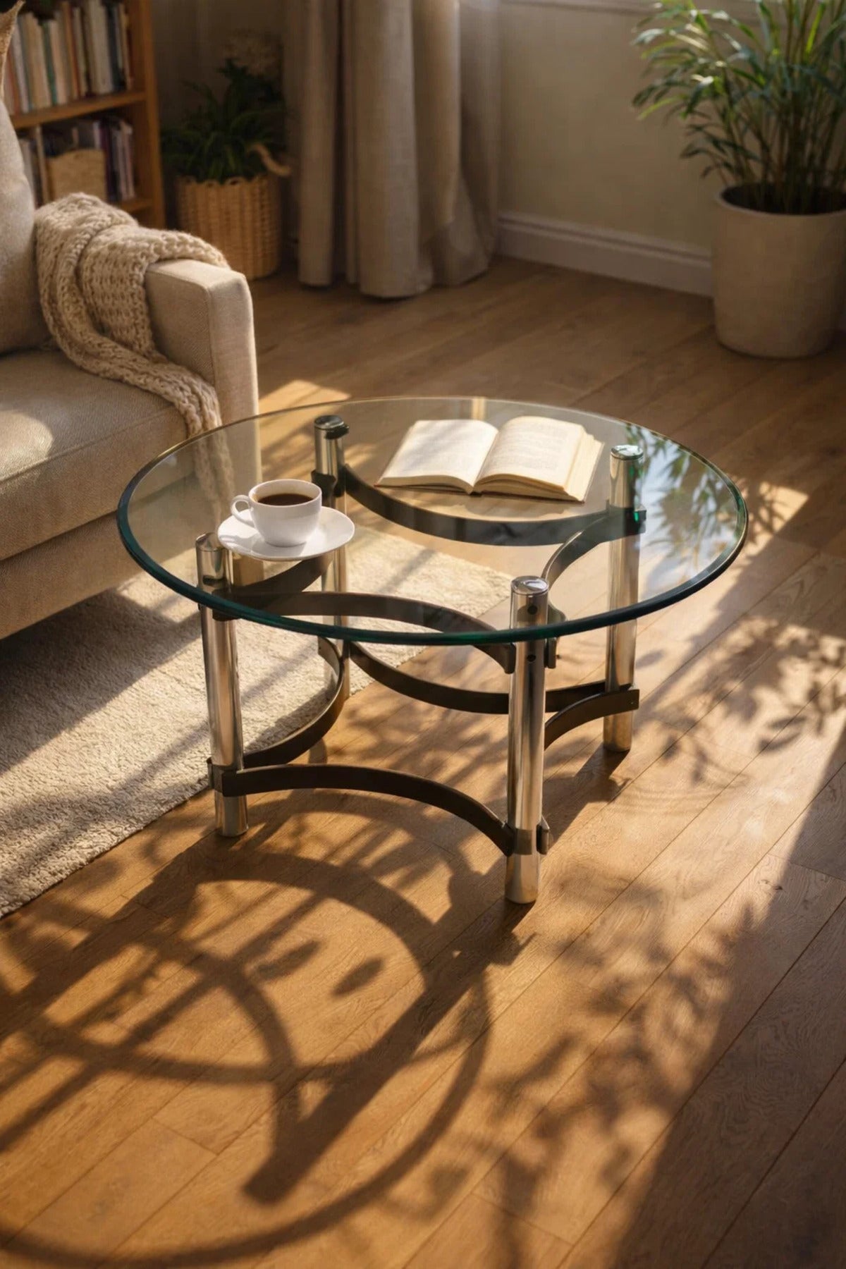 Modern Round Glass Center Table with Black Acrylic Frame for Stylish Living Room Decor 90cm