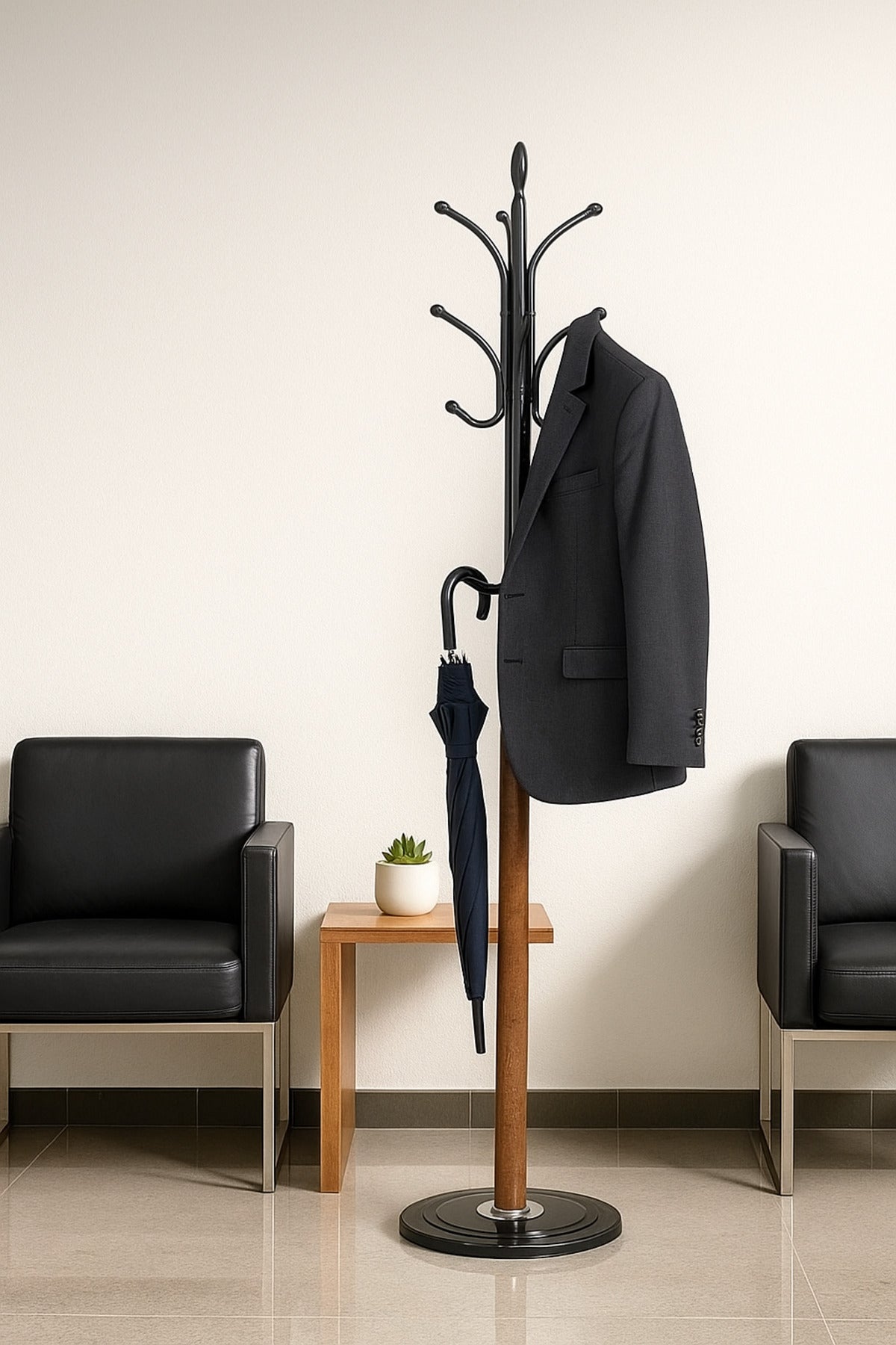 Modern Light Brown Coat Rack Ð Metal and Wood Standing Clothes Hanger for Entryway & Office