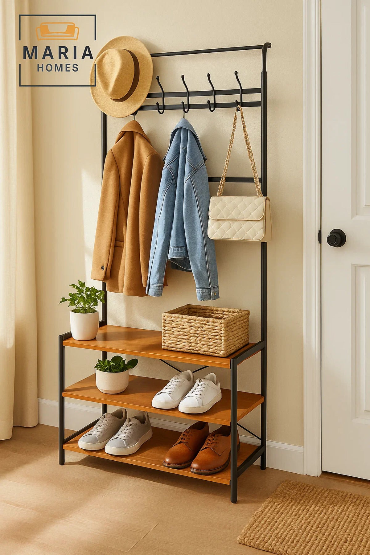 Multi-Tier Metal Coat Rack with Hooks and Wooden Shoe Shelves