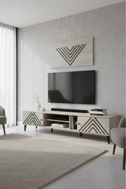 Stylish Beige TV Table with Geometric Design and Open Storage