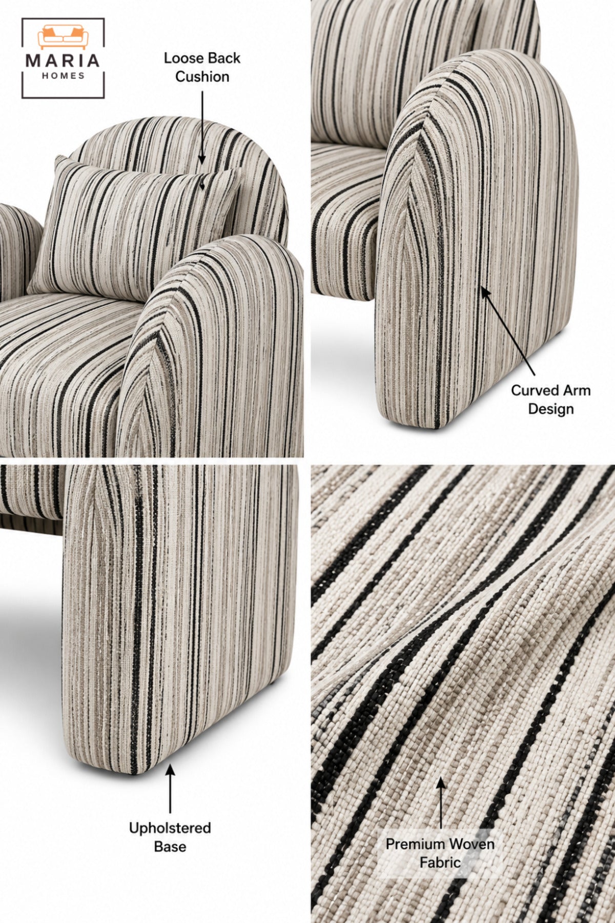 Modern Striped Upholstered Accent Chair with Curved Backrest, Rounded Arms & Cushion | Contemporary Lounge Chair for Living Room, Bedroom & Reception