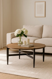 Round Brown Coffee Table with Black Metal Legs Ð Modern Wooden Center Table for Living Room 90_45 cm
