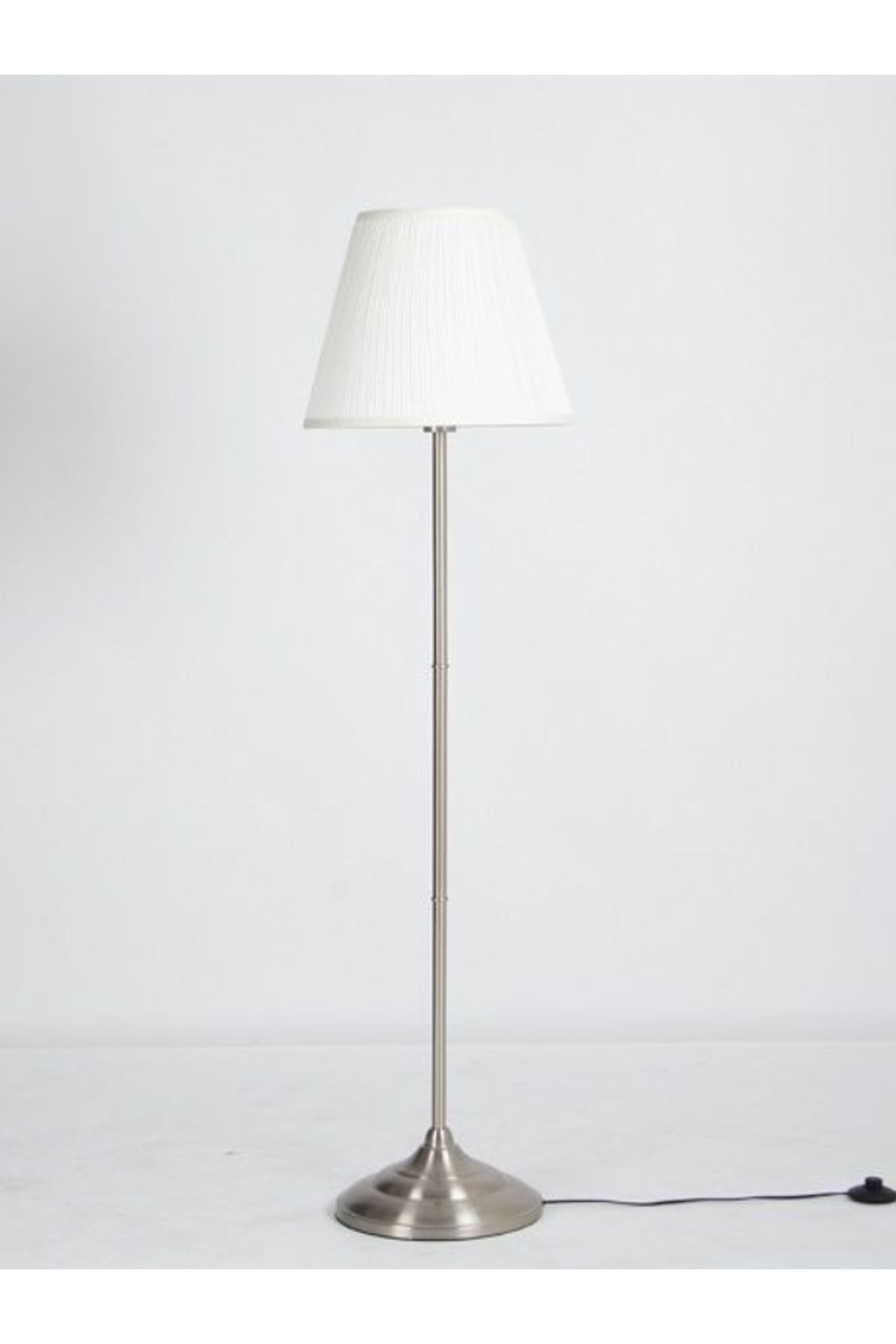 Modern Silver Floor Lamp Ð Fixed Metal Stand with White Fabric Shade for Living Room & Bedroom