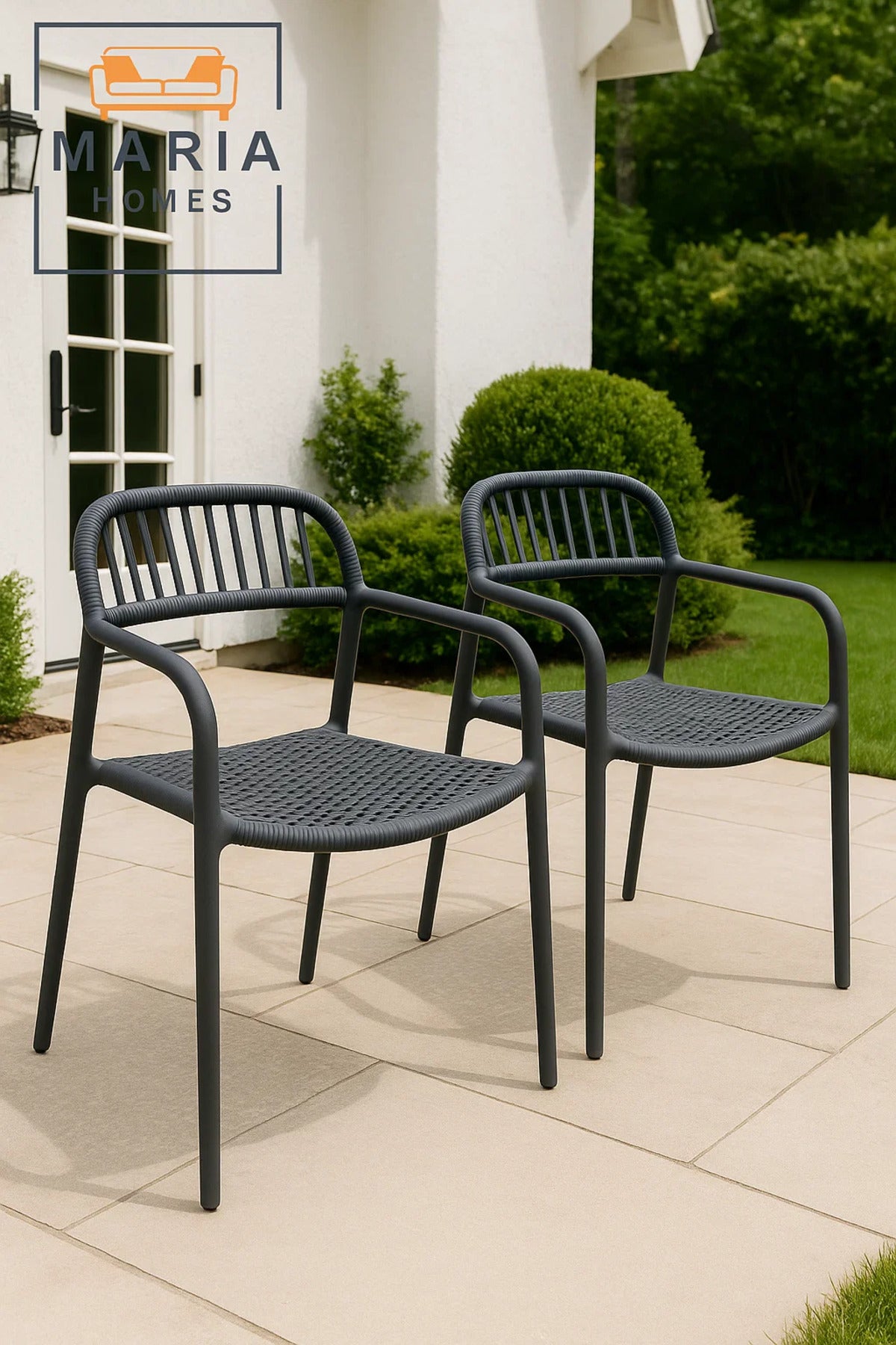 Grey Woven Plastic Chair with Armrests Ð Modern Indoor Outdoor Rattan-Style Stackable Patio Seating