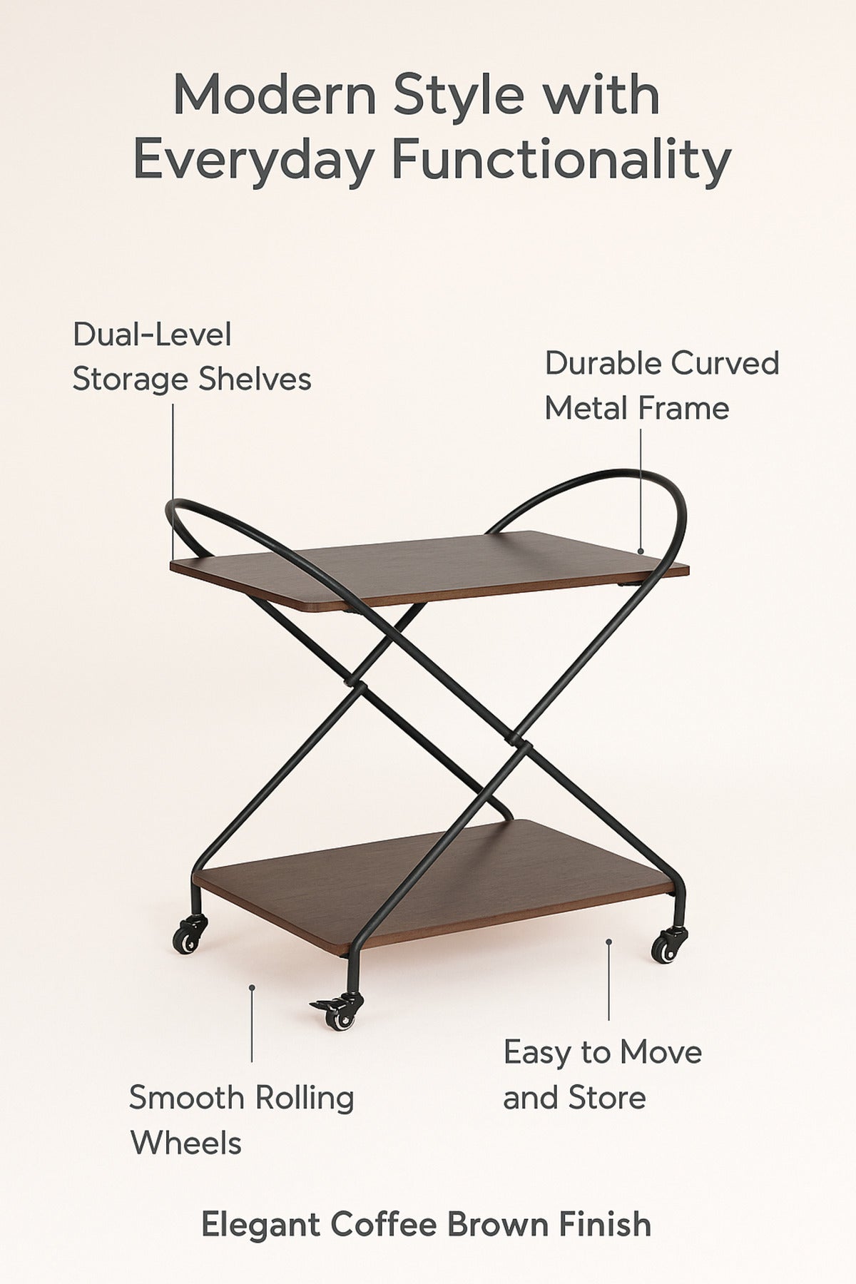 Coffee Brown Metal Serving Trolley Ð 2-Tier Bar Cart with Wheels 72_40_78 cm