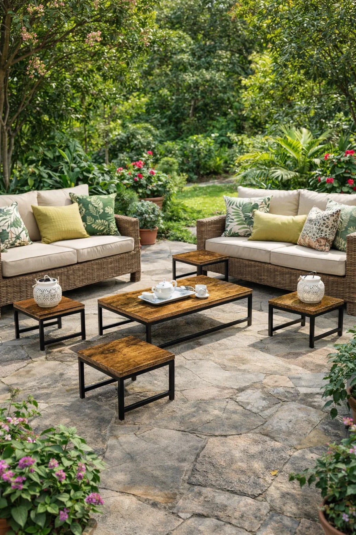 Modern 5-Piece Low Floor Coffee Table Set Industrial Wood Design Metal Legs Living Room Center Table