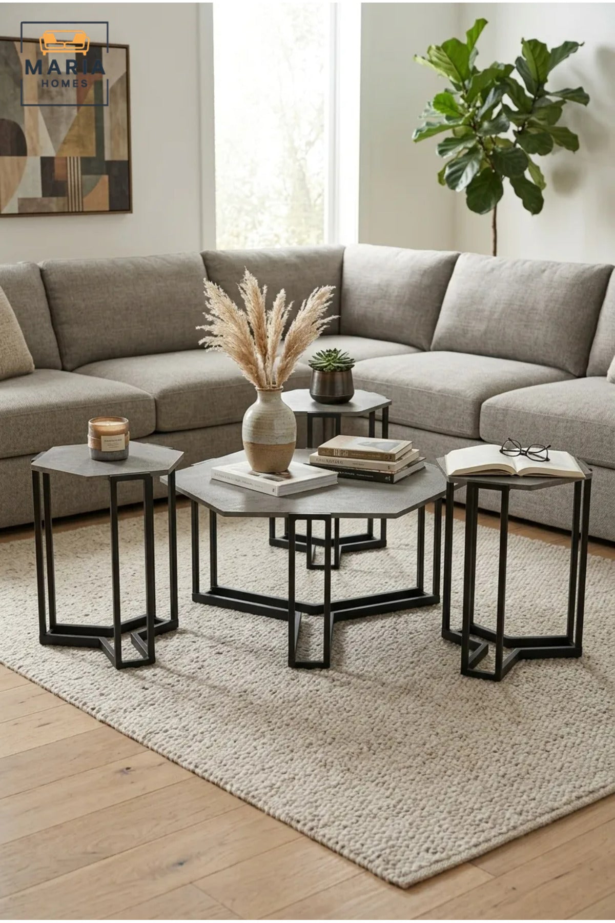 Modern Four-Piece Coffee Table Set with Hexagonal Center Table and Three Nesting Side Tables, Space-Saving Accent Tables for Living Room and Lounge