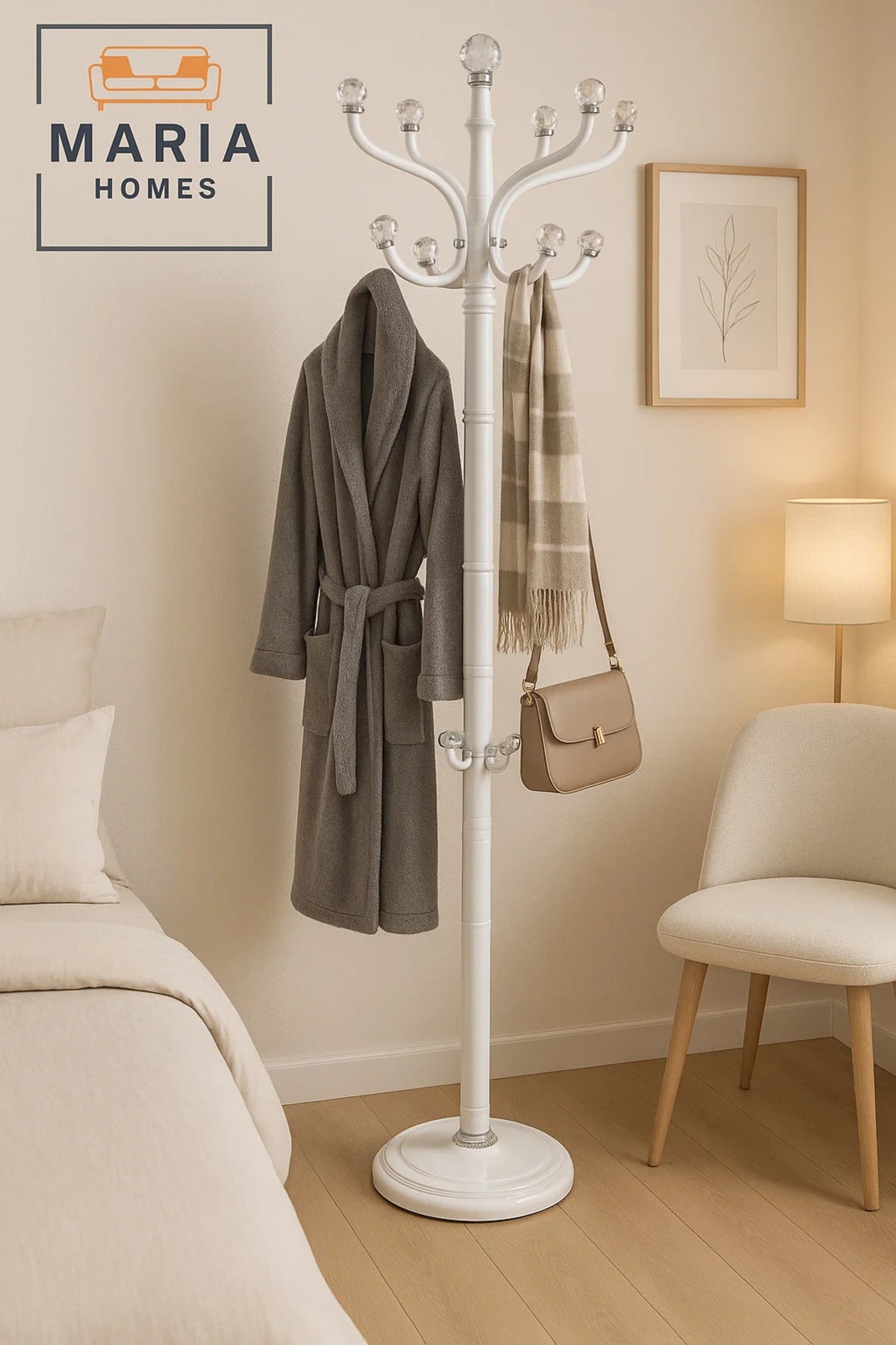 Freestanding White Metal Coat Rack with Multiple Chrome Hooks