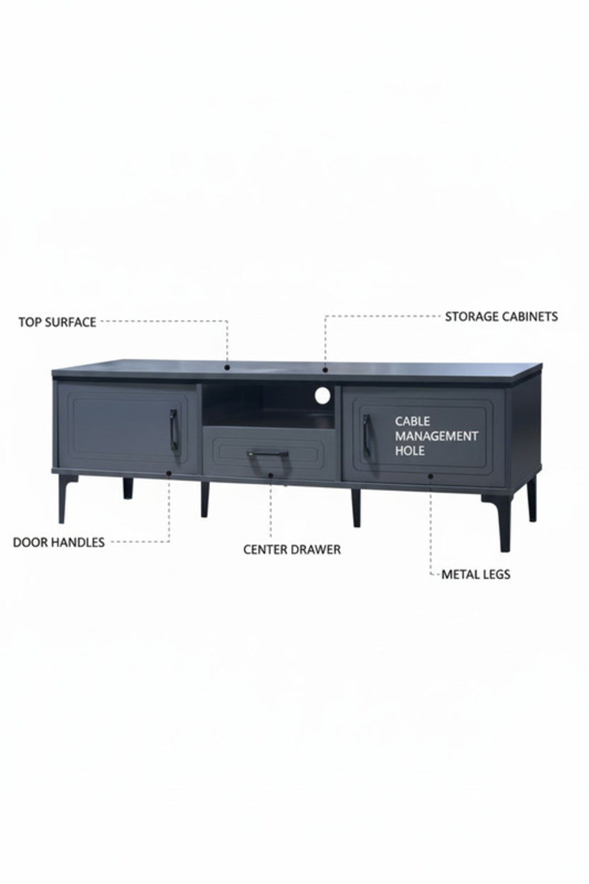 Sleek Dark Grey TV Table with Storage Drawers and Open Shelf